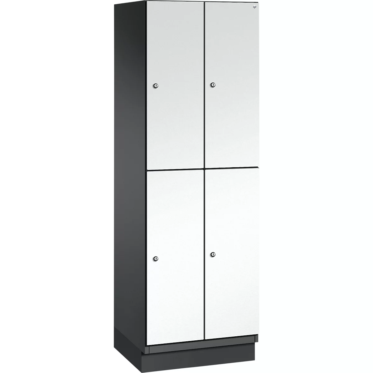 Grijstinten kast met vier deuren, twee boven elkaar geplaatst, elke deur heeft een knop.