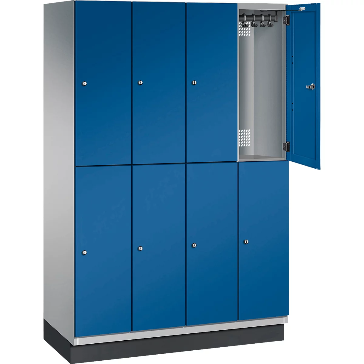 Blauwe kast met meerdere compartimenten, een compartiment open. Grijs omhulsel.