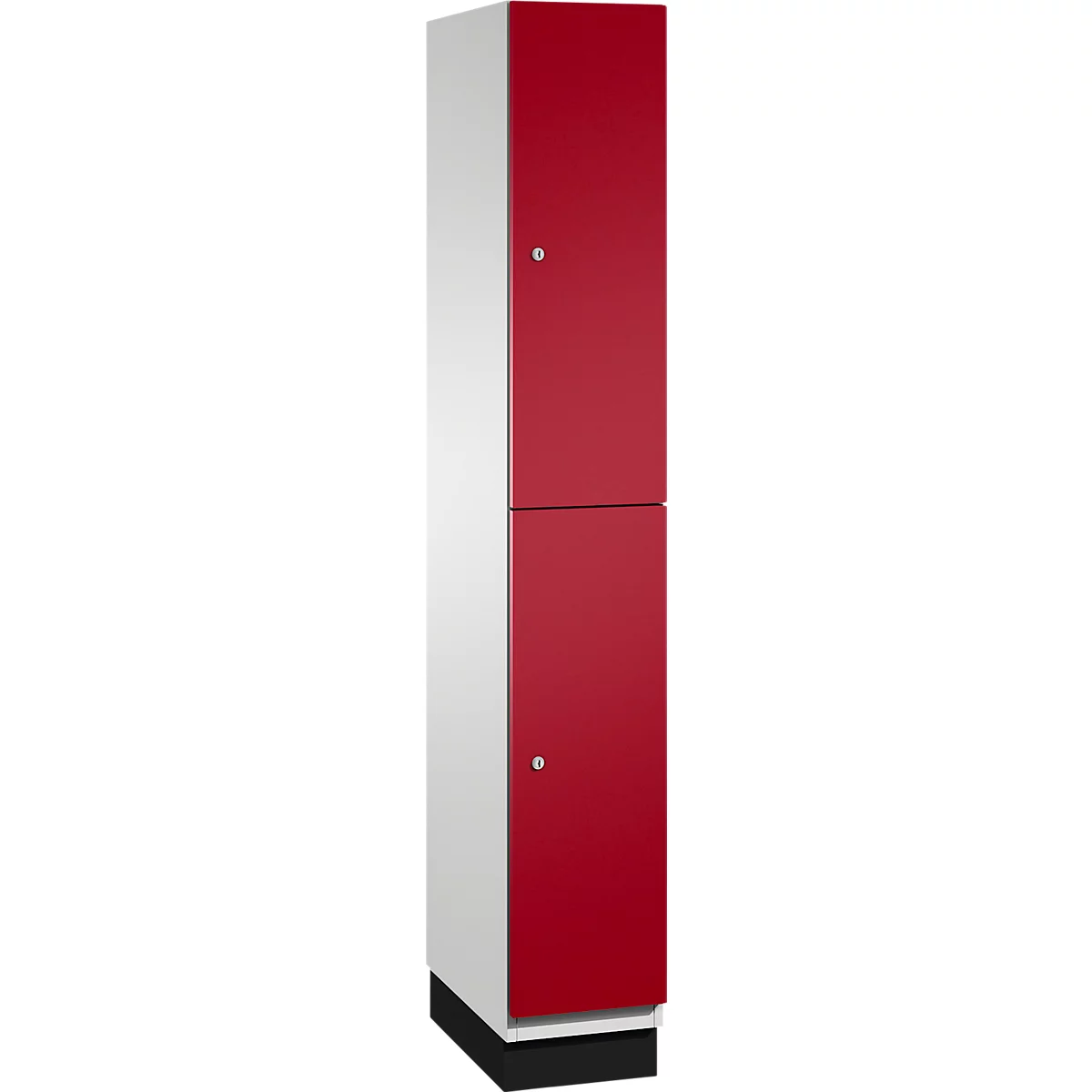 Een tweekleurige kast, rode deuren, witte behuizing, twee compartimenten, metalen handgrepen.