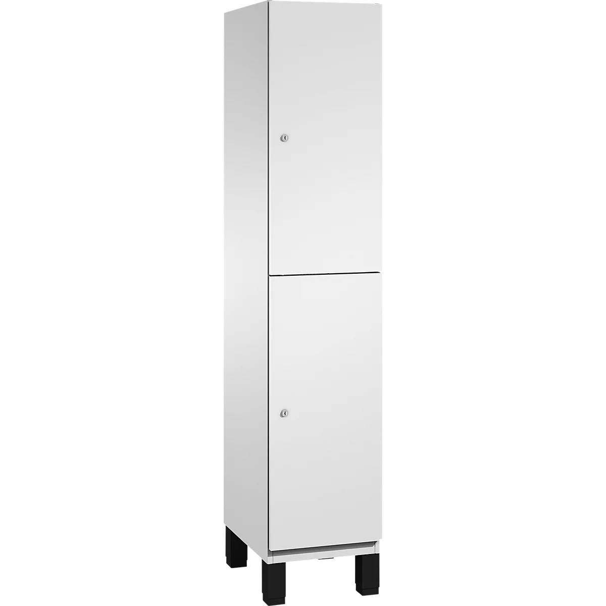 Hoge witte kast met twee deuren, op zwarte poten.