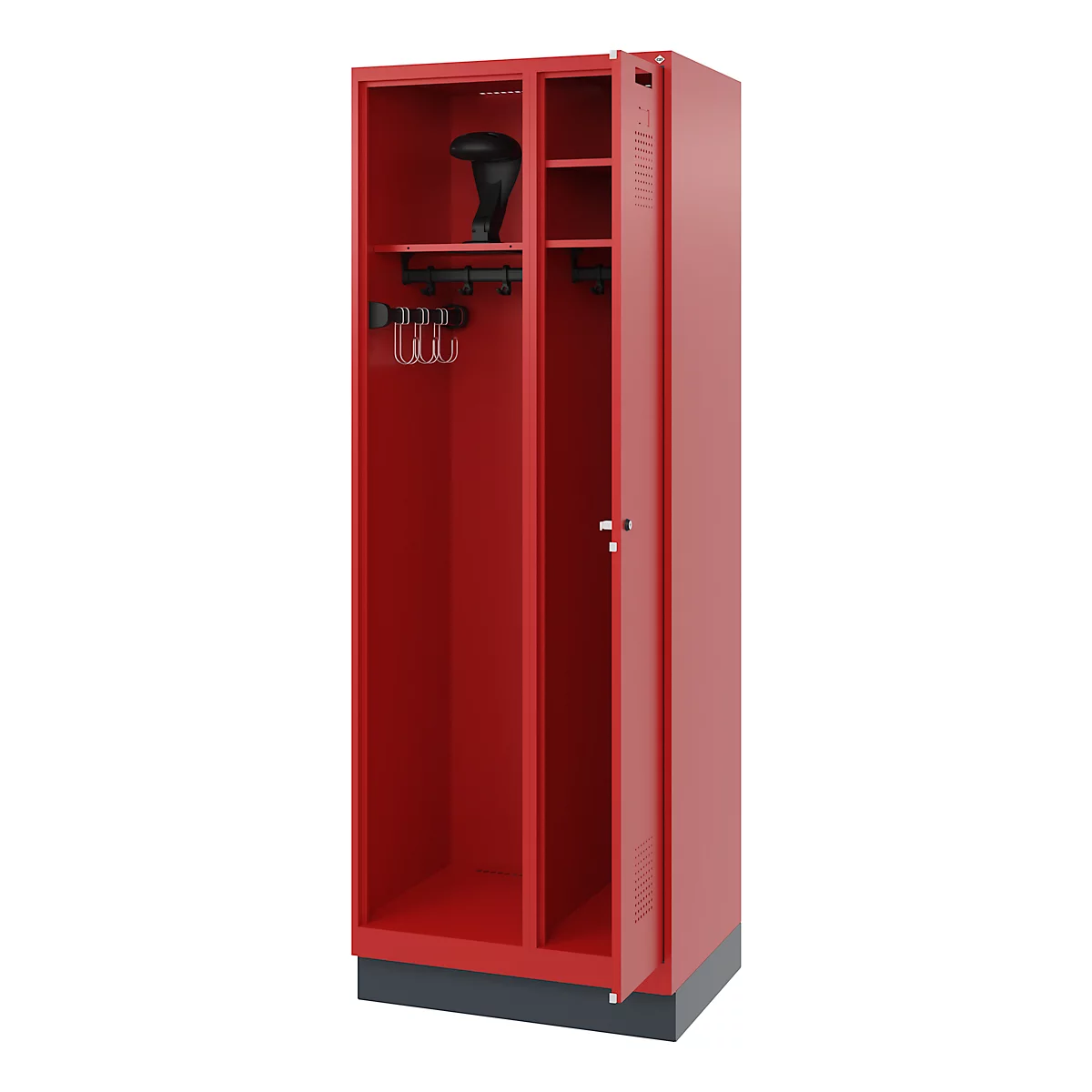 C+P Evolo brandweerkast, model KOMBI, 2 compartimenten, H 1950 x B 700 x D 500 mm, sokkel, vuurrood RAL 3000