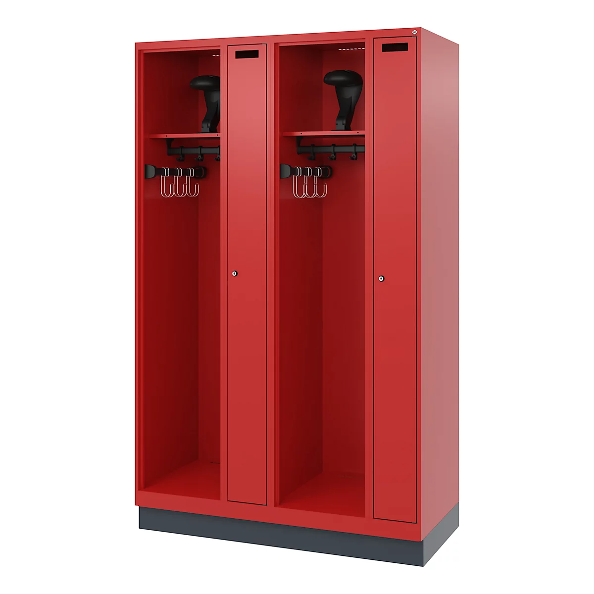 C+P Evolo brandweerkast, model KOMBI, 4 compartimenten, H 1950 x B 1200 x D 500 mm, sokkel, vuurrood RAL 3000