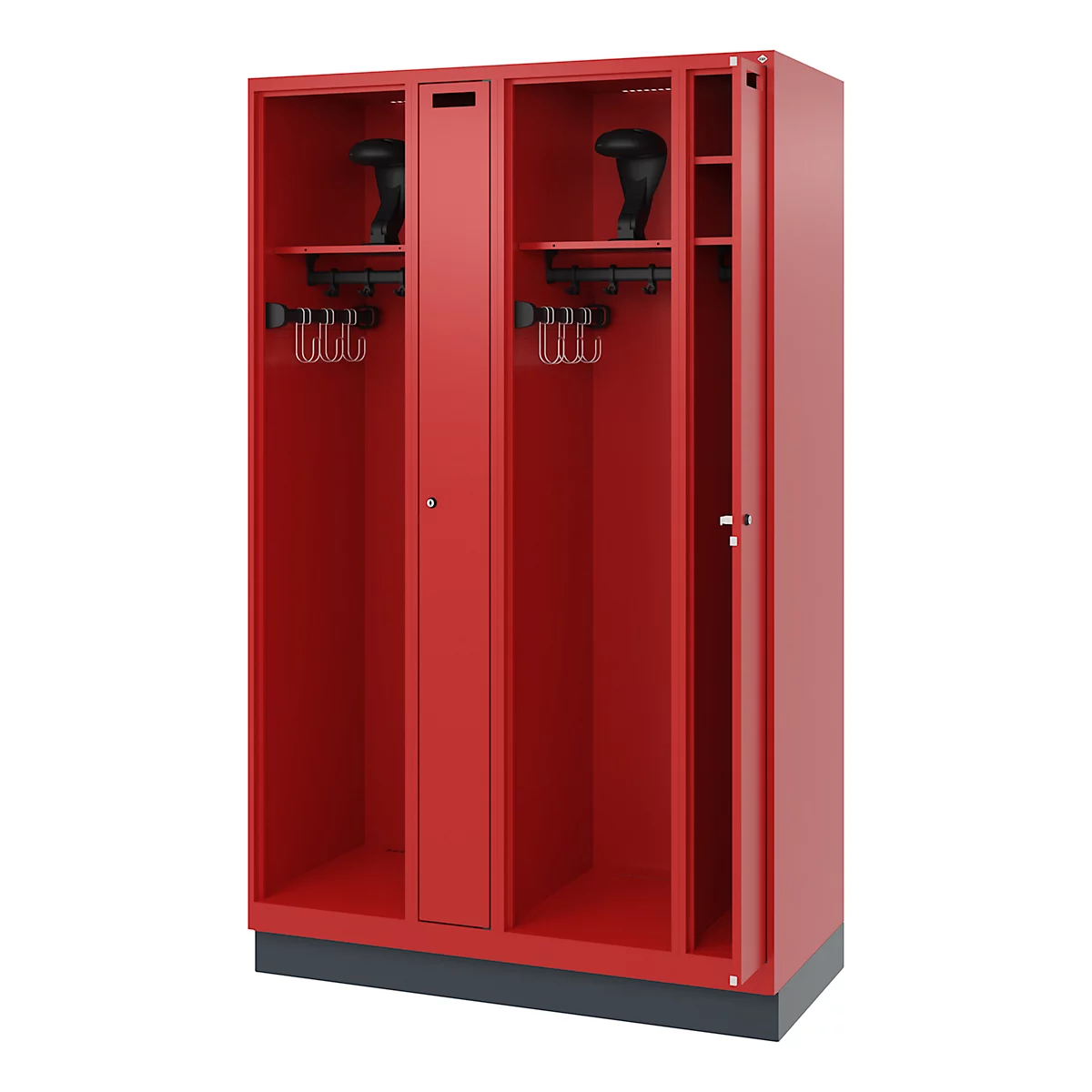 C+P Evolo brandweerkast, model KOMBI, 4 compartimenten, H 1950 x B 1200 x D 500 mm, sokkel, vuurrood RAL 3000