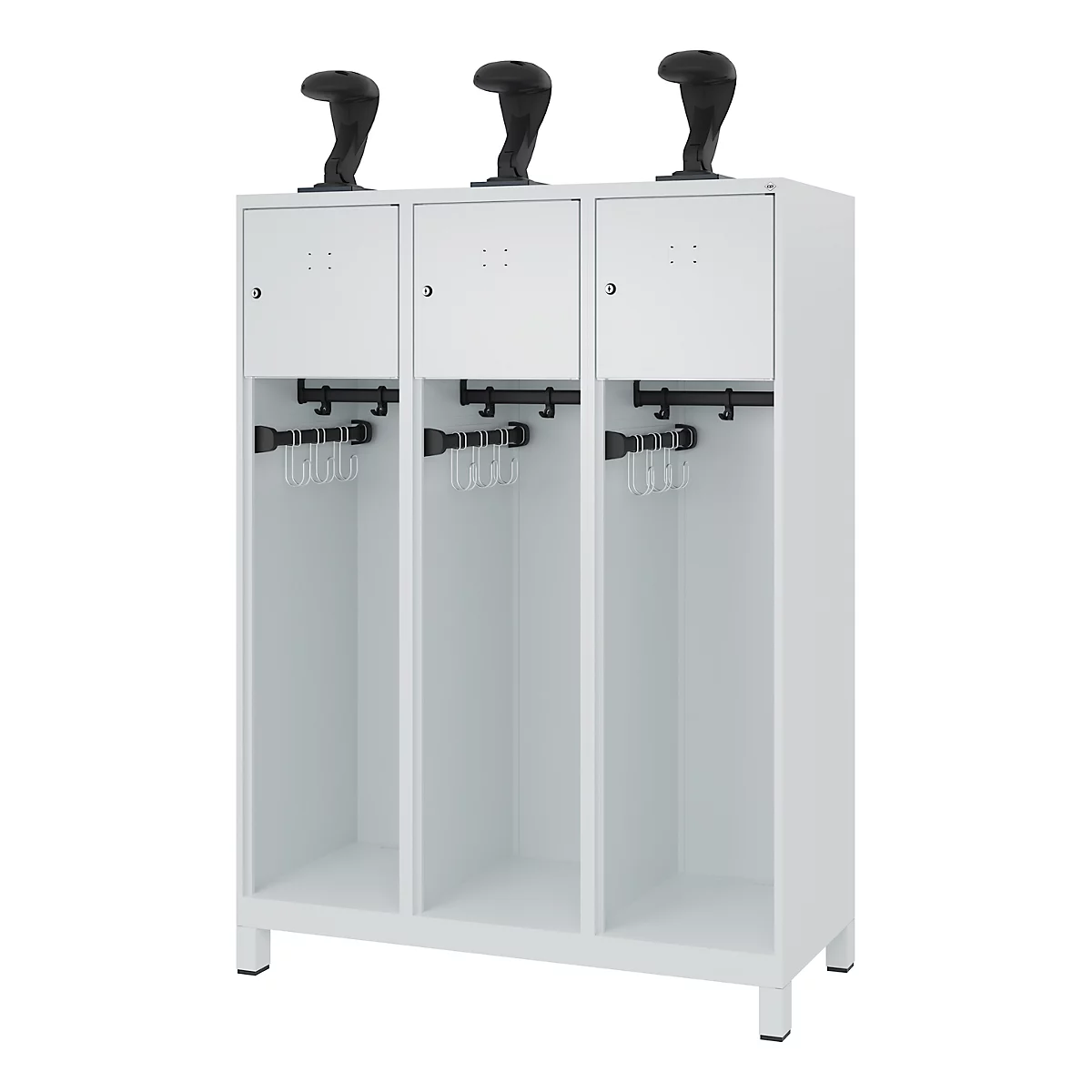 C+P Evolo brandweerkast, model YOUNGSTER, 3 compartimenten, H 1630 x B 1200 x D 500 mm, poten, lichtgrijs RAL 7035