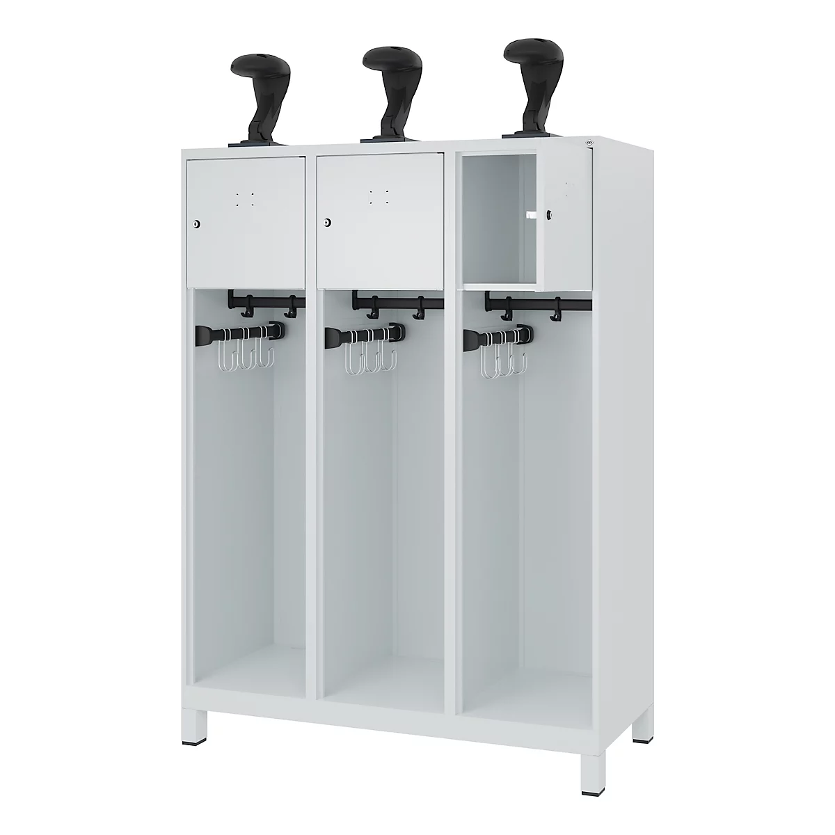 C+P Evolo brandweerkast, model YOUNGSTER, 3 compartimenten, H 1630 x B 1200 x D 500 mm, poten, lichtgrijs RAL 7035