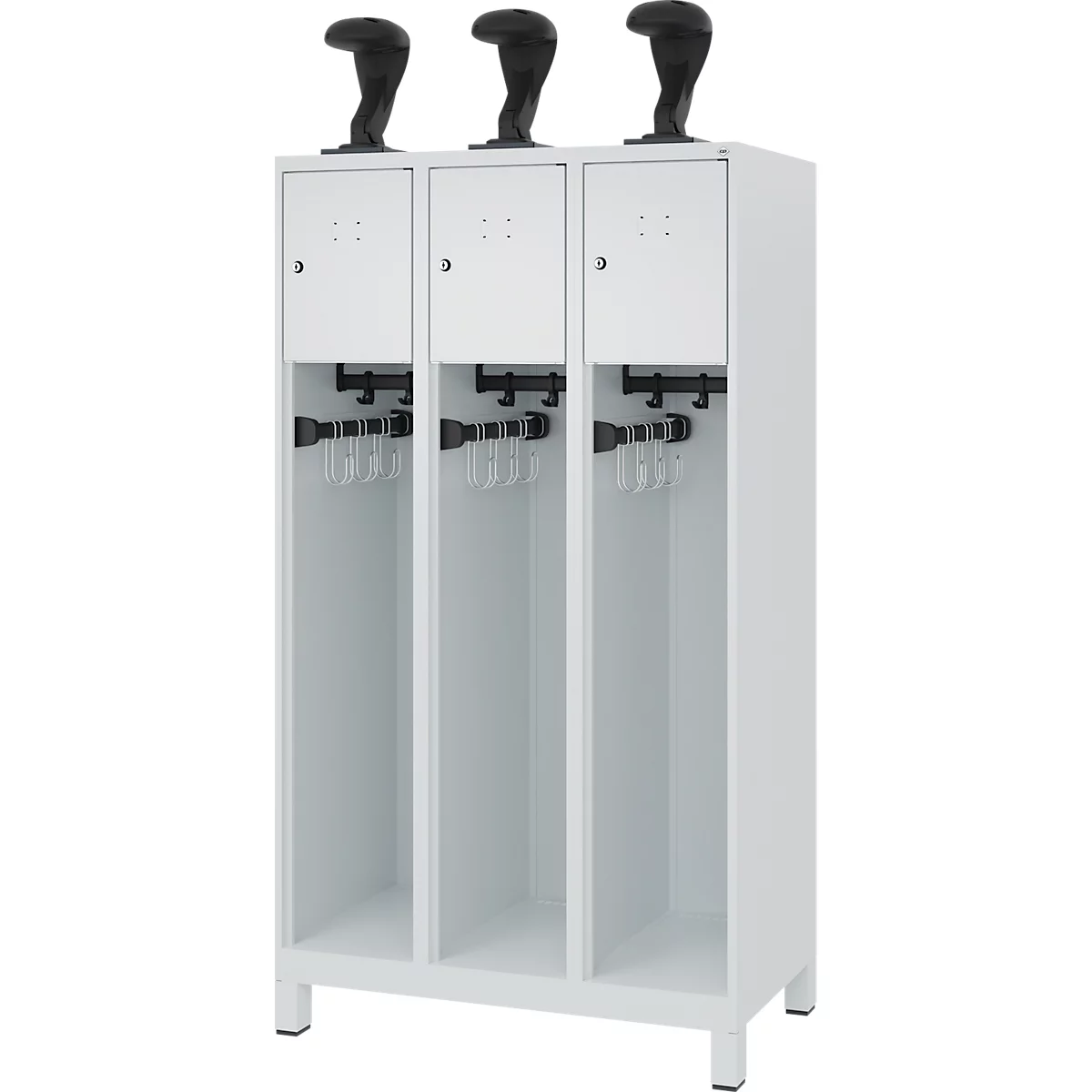 C+P Evolo brandweerkast, model YOUNGSTER, 3 compartimenten, H 1630 x B 900 x D 500 mm, poten, lichtgrijs RAL 7035