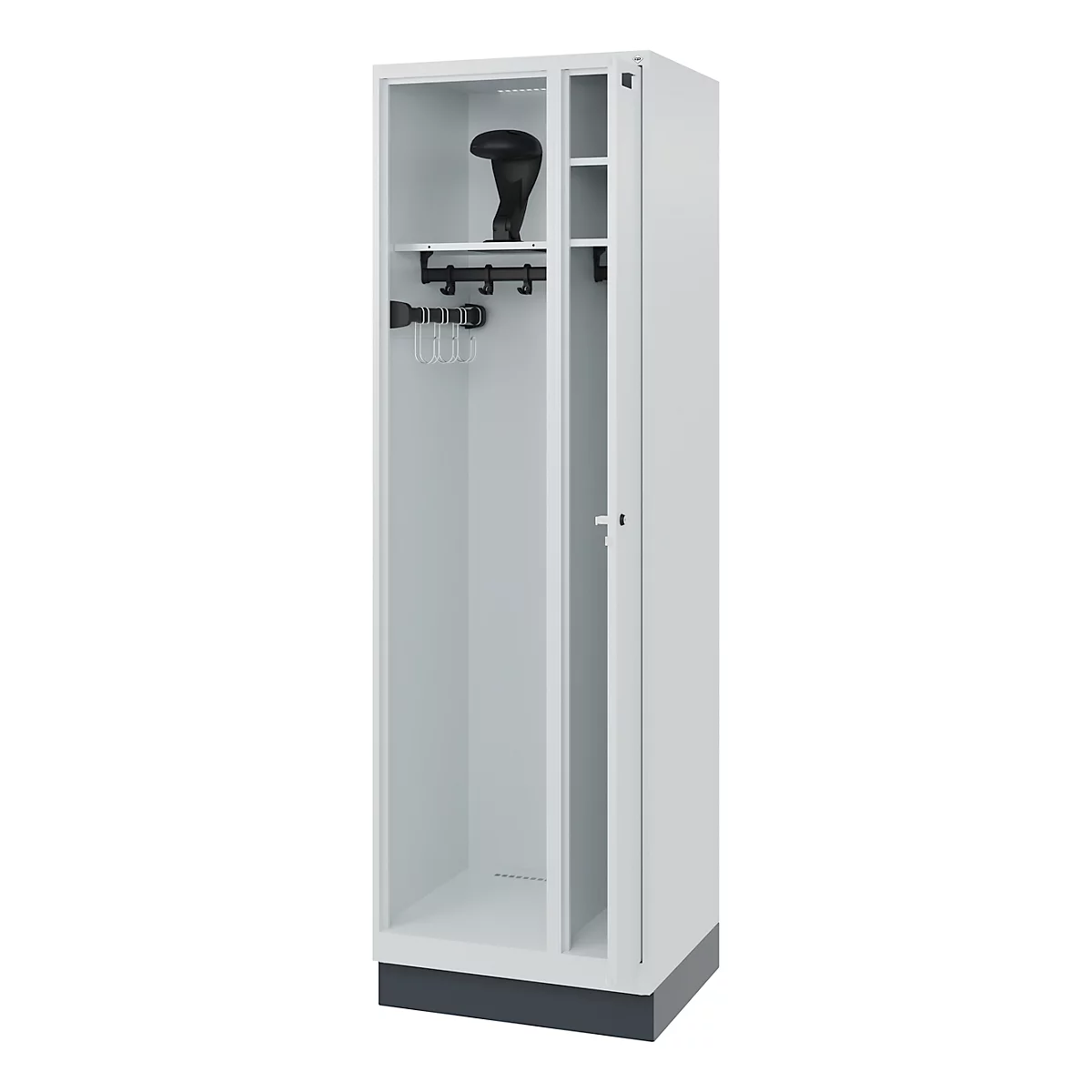 White locker, open, with shelf, coat hooks and boot. The door is partially open.