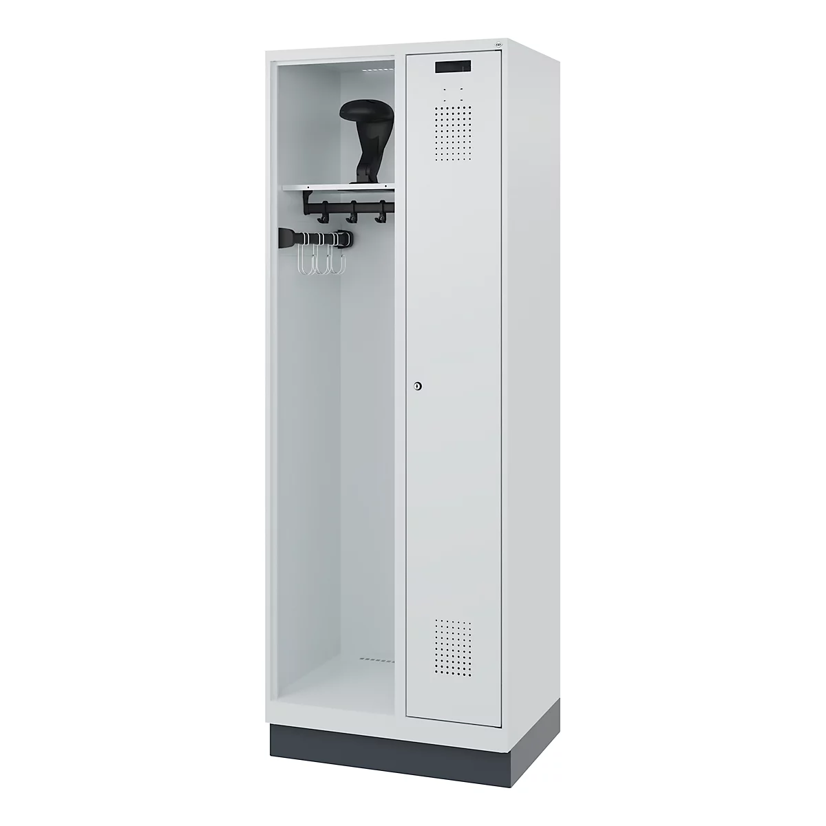 White locker, door perforated, with shelf, hook strip. A black club in the niche. A base below the door.