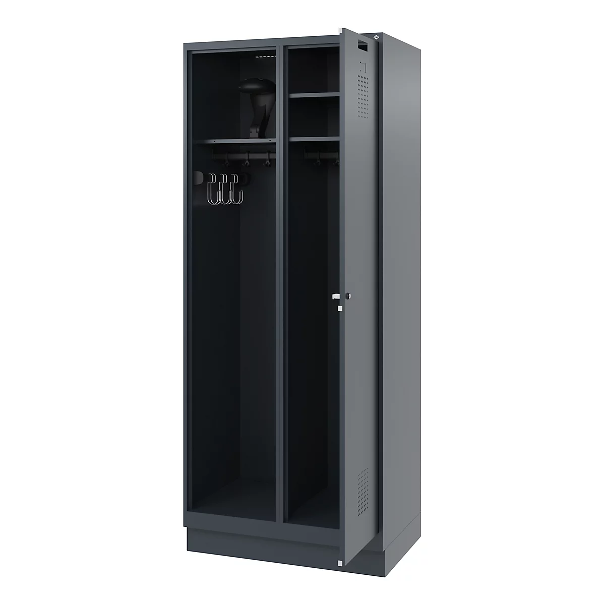 Dark grey locker with open door. Inside hooks and shelves, the door shows ventilation slots.
