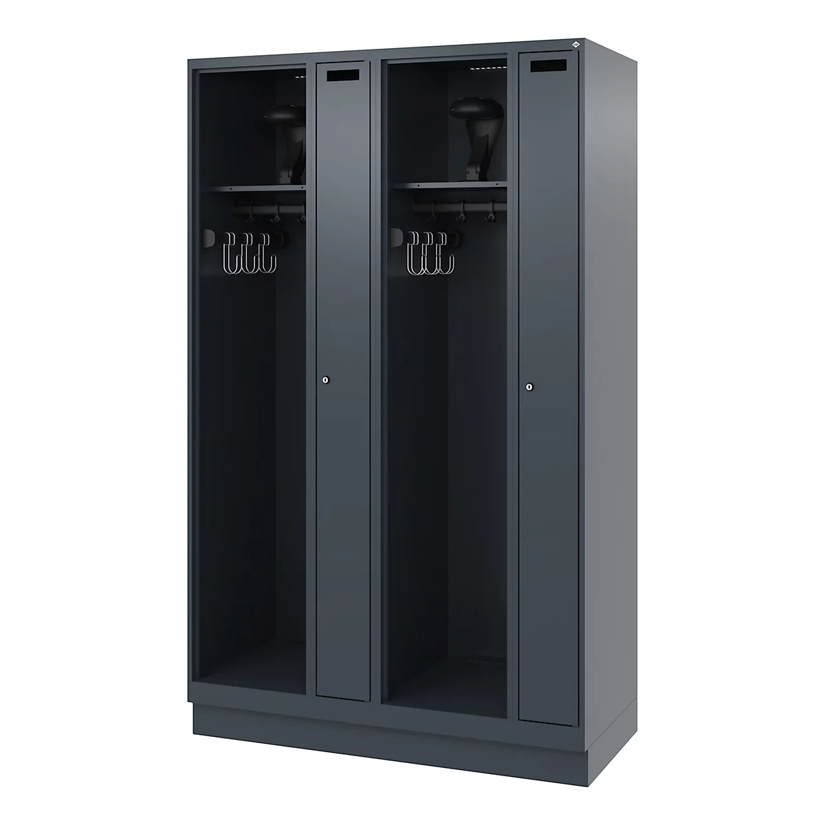 Grey locker with four compartments, hooks and shelves on which helmets are placed.