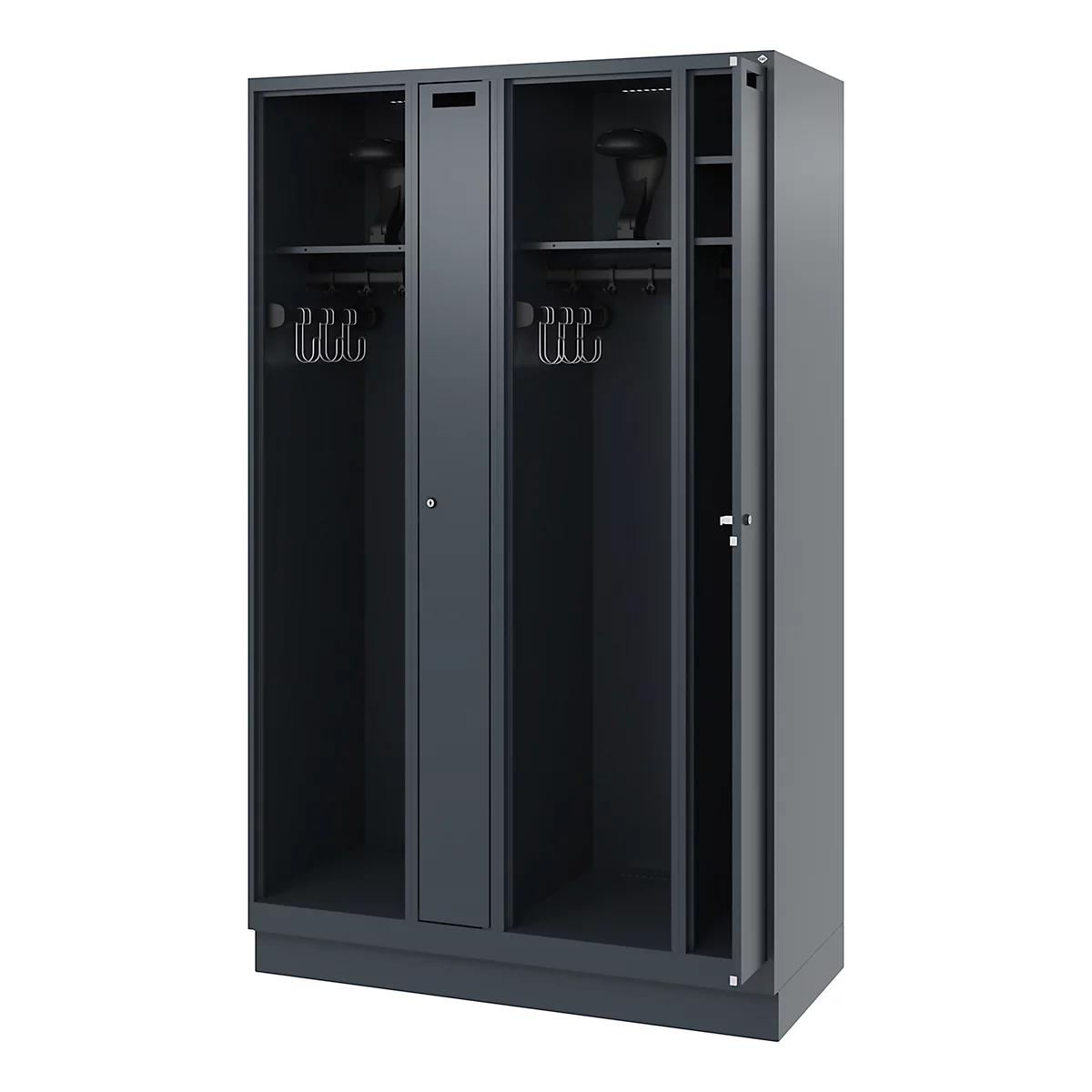 Gray locker with multiple compartments, partially open. Hooks and shelves inside.