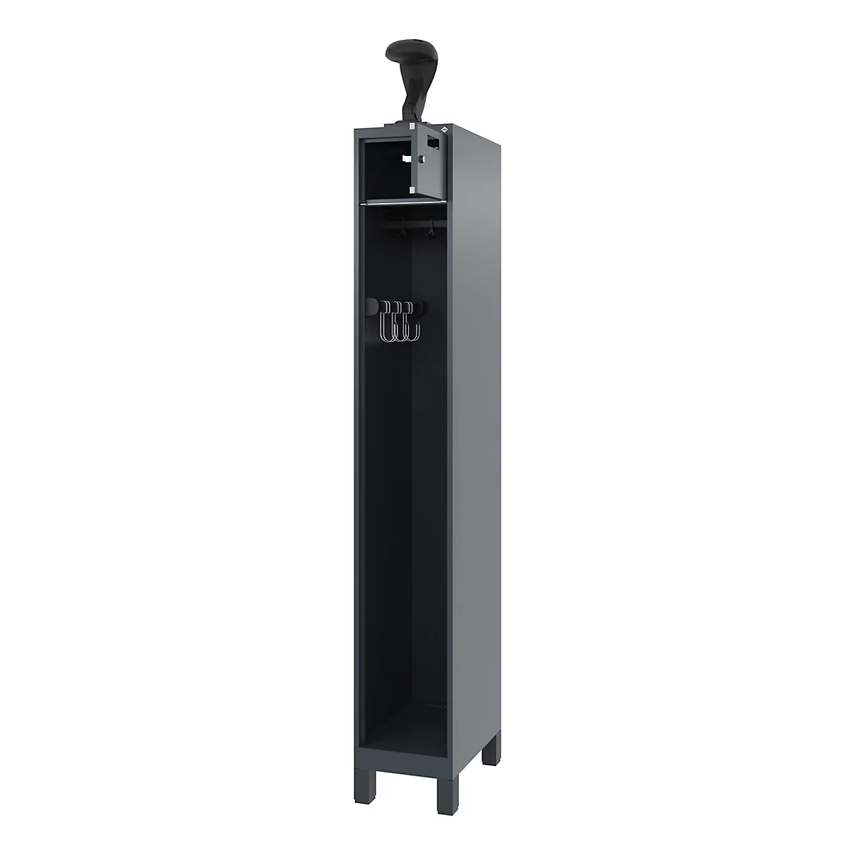 Grey, narrow cabinet with open compartments, hooks, and handle at the top.