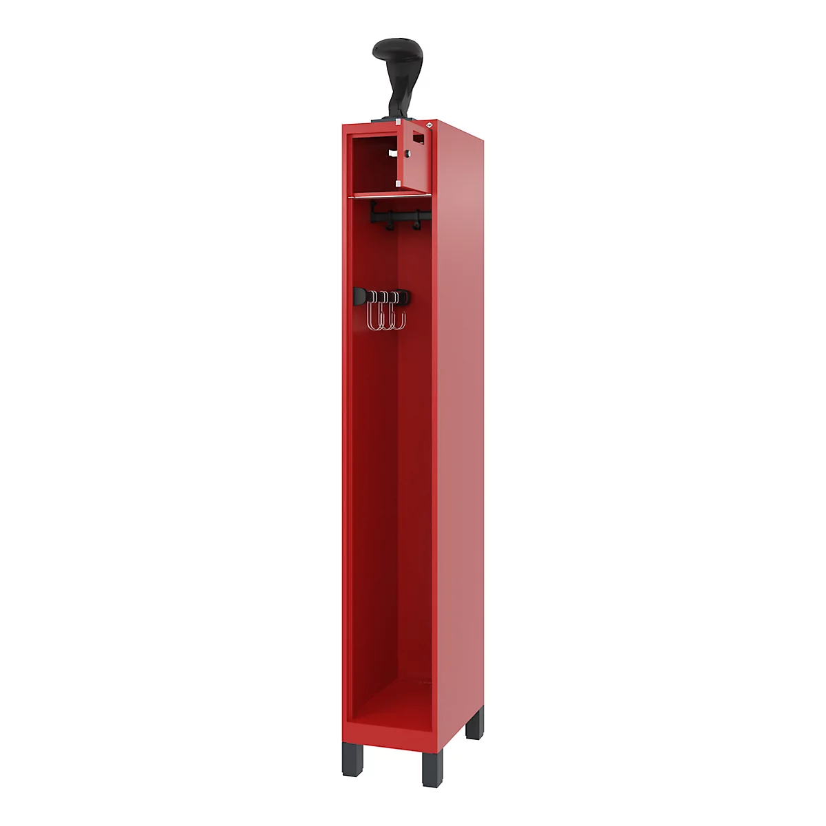 Red, narrow cabinet, with a black handle on top and an open compartment with hooks. Black feet.