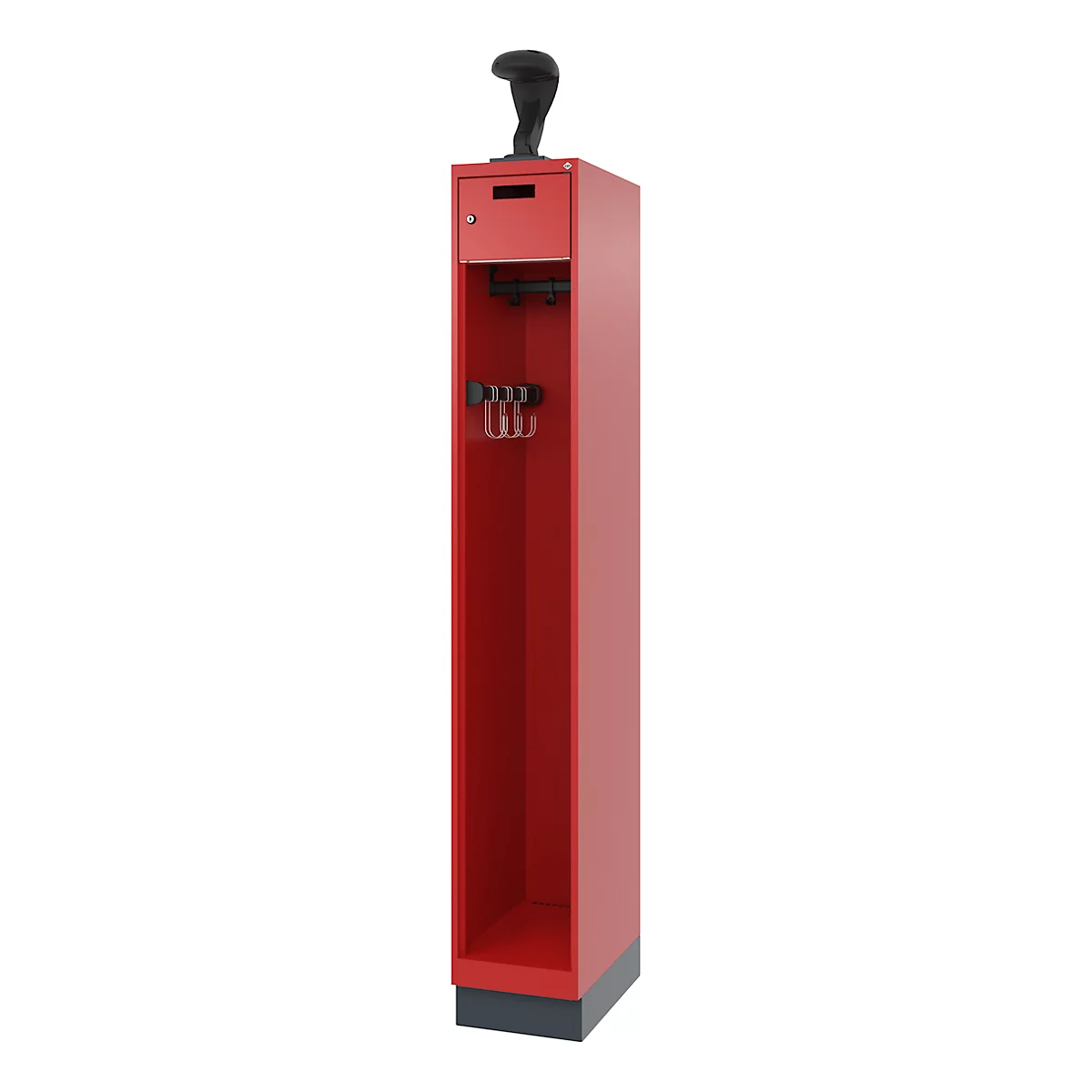 Red, narrow cabinet with barcode scanner. Top scanner, below drawer, open compartments and hooks.