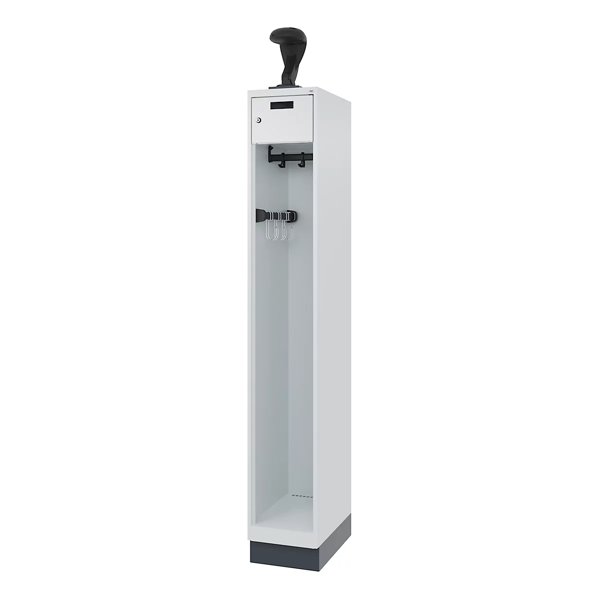 Tall white cabinet with drawer, hooks, and base. On top, a black barcode scanner.