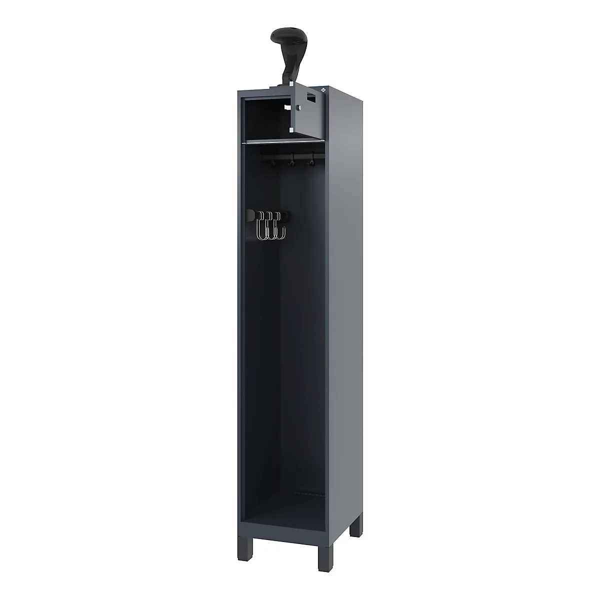 A gray gun cabinet with open door, hooks for weapons inside.