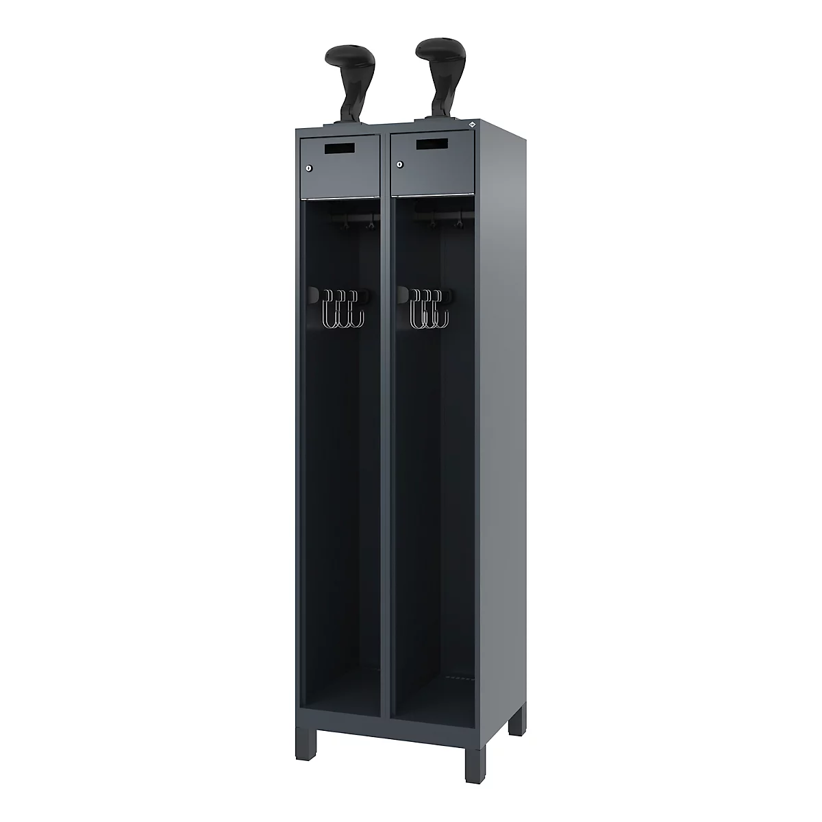 Grey cabinet with two compartments, each with a black ski boot on top.