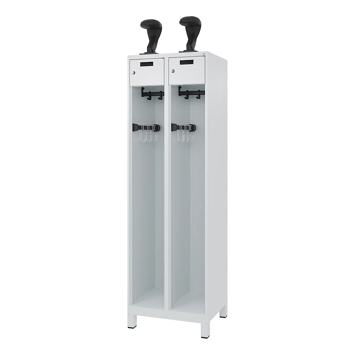 White locker with two compartments, black handles and space for ski poles and ski boots. Two black ski boot holders on top.