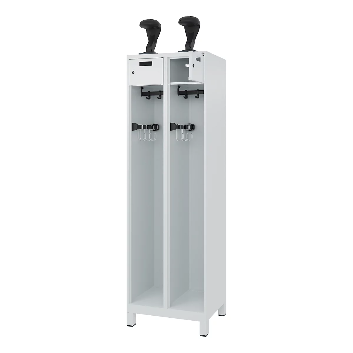 White ski boot cabinet with two compartments and hooks for ski poles. Two black ski boots on top.