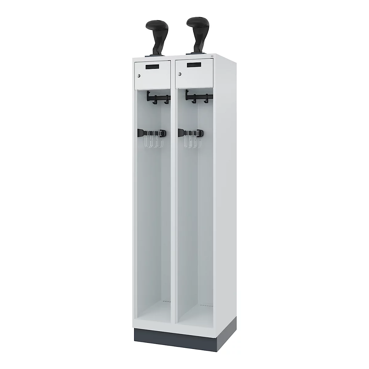 White cabinet with two compartments, each with a holder for headwear at the top, hooks and rods below.