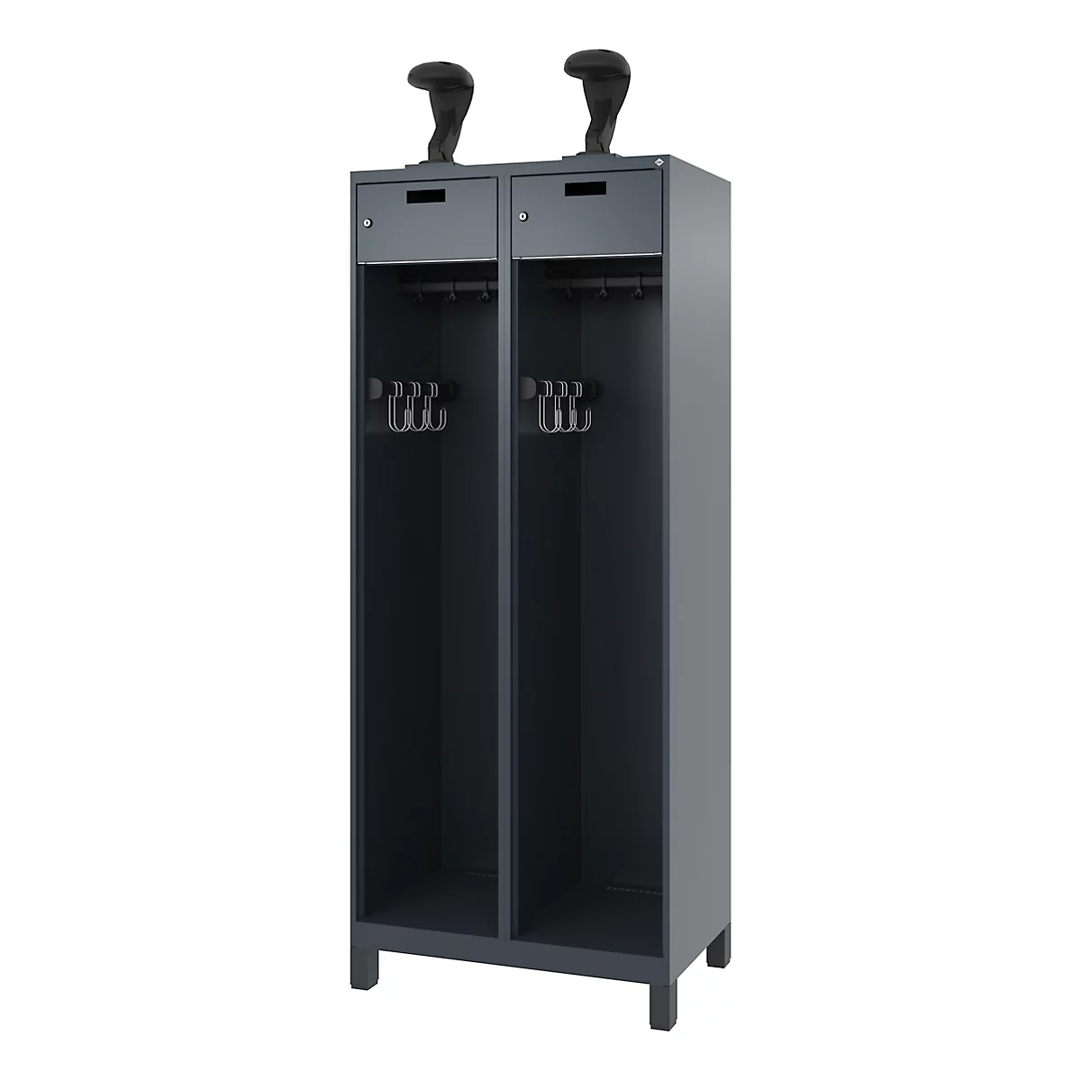 Gray locker with two compartments. Helmets are in the upper compartments, and there are hangers for clothes below.