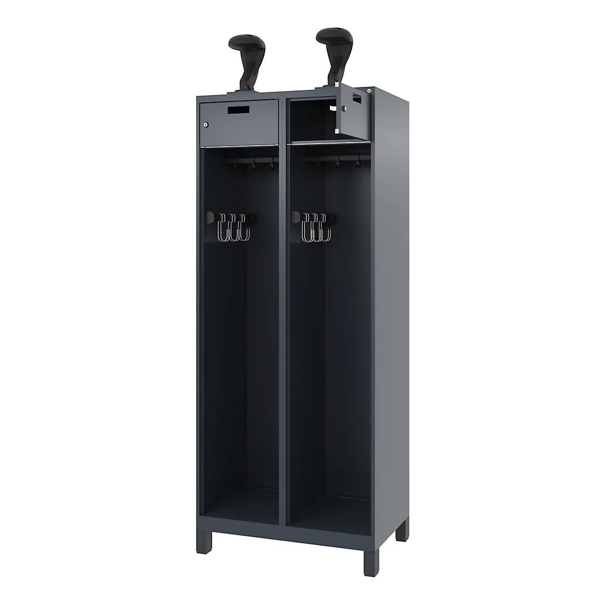 Dark gray locker with two compartments and hooks for jackets. On top of the cabinet are two black control levers.