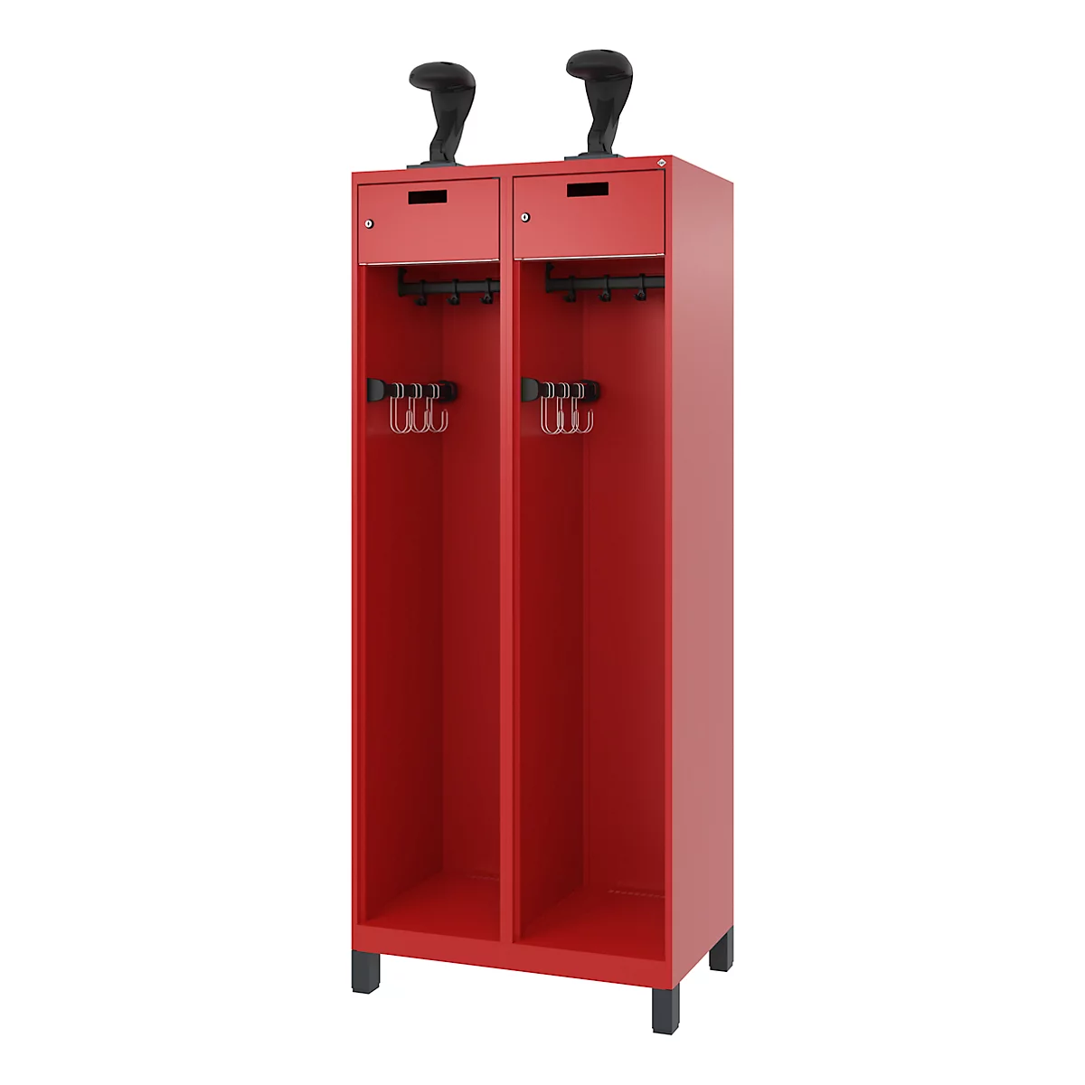 Red cabinet with two compartments, black hooks, and two black holders.
