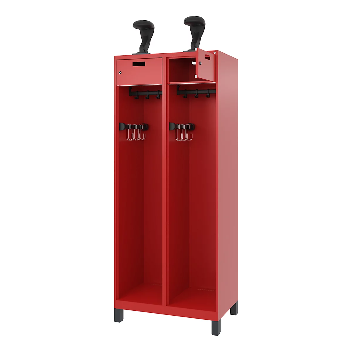 Red locker with two compartments. Two black ski poles on top. Hooks for other accessories.