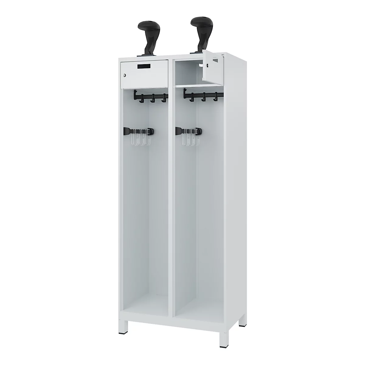 White locker with two compartments, hooks, two helmets and drawers.