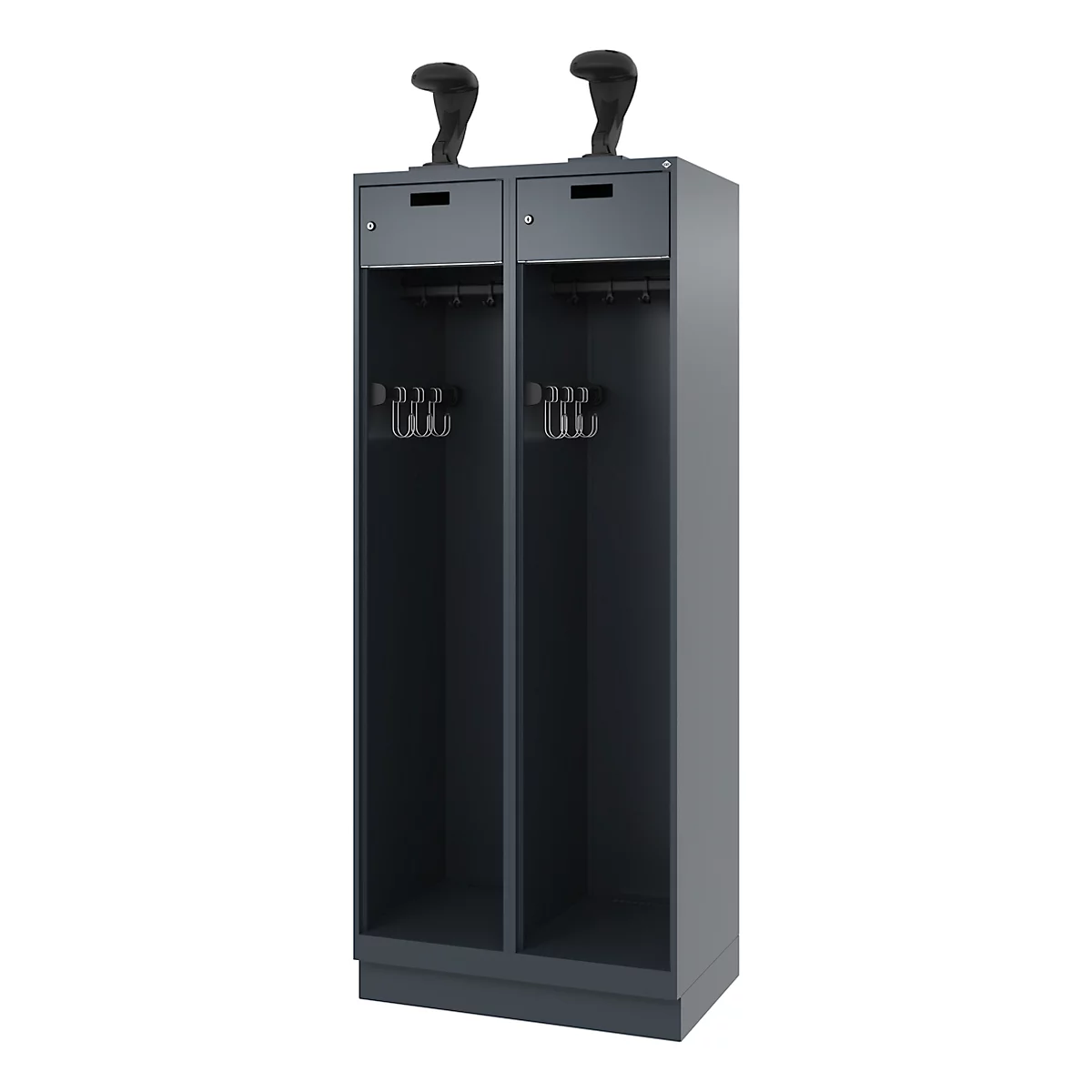 Dark gray locker with two compartments. Two black helmets are on the compartments. There are clothes hooks in the compartments.