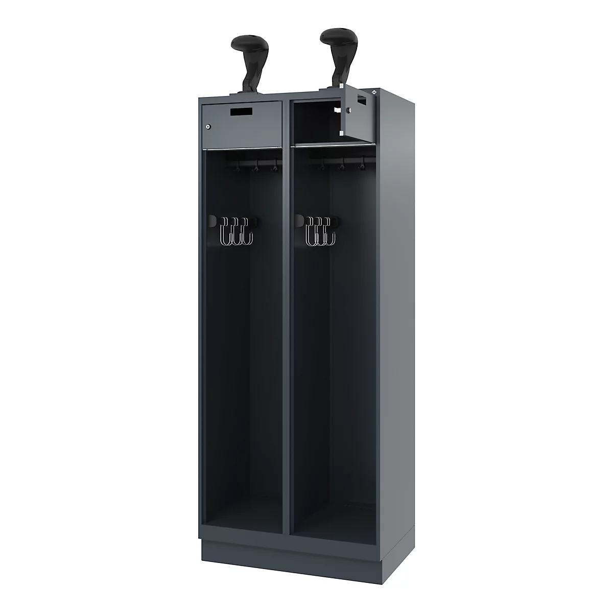 Gray wardrobe with two compartments. Two black handles at the top. Hooks for clothes in the compartments.