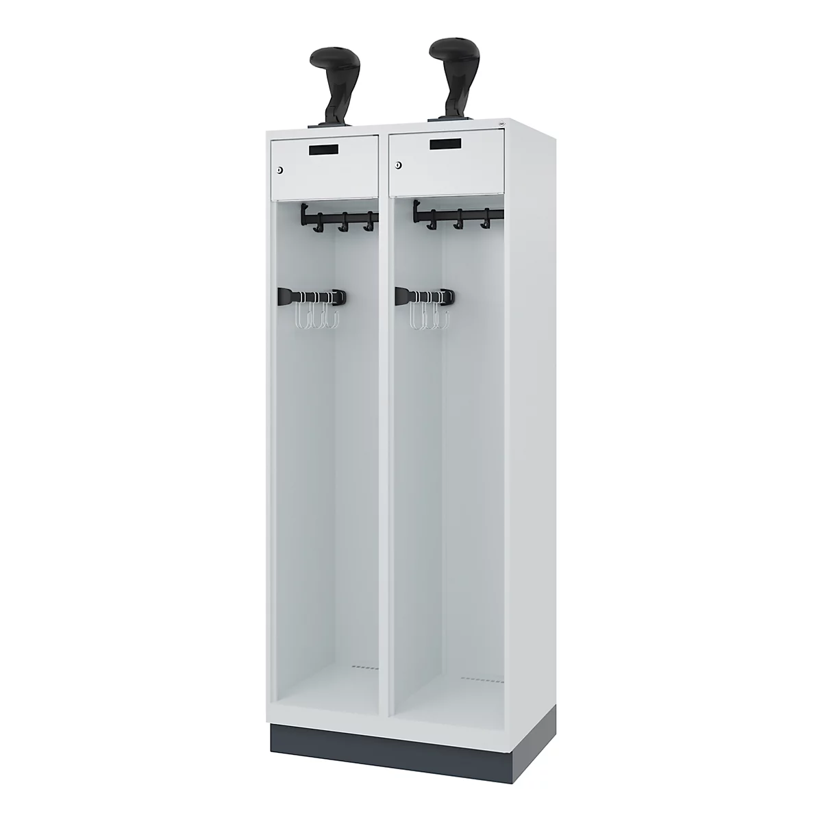 White cabinet with two compartments, hooks, drawers, and black accessories. Two black ski boot holders on top.