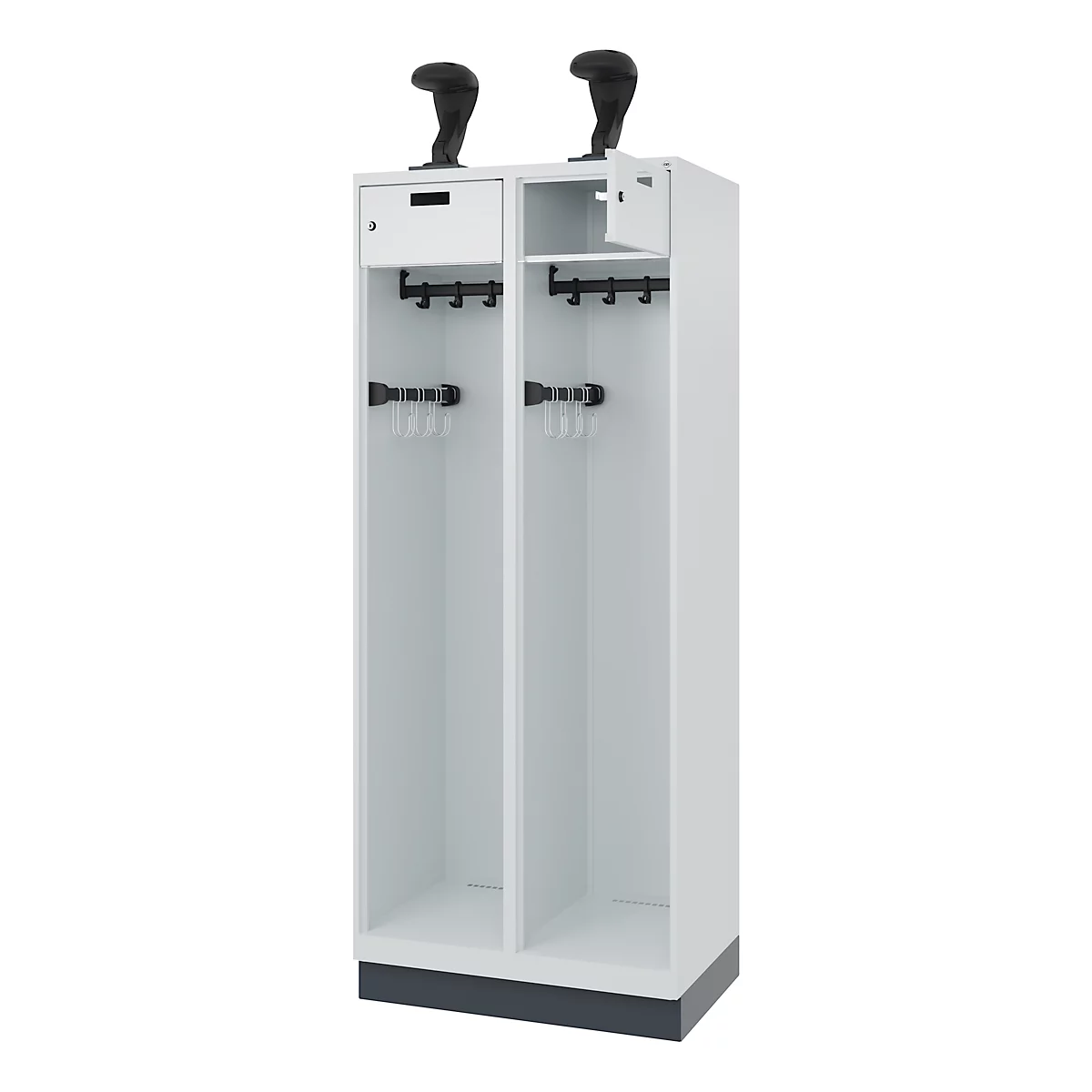 White locker with two compartments. Hook strips, drawer and brackets. Ski holders on top.