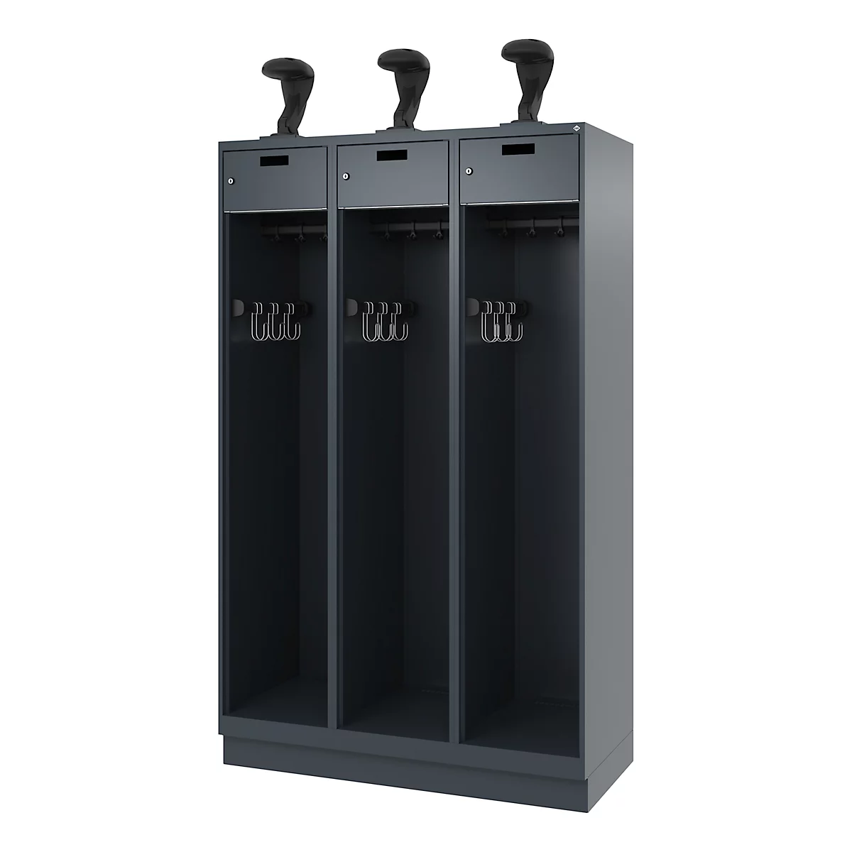 Dark gray locker with three compartments, each with a holder for a golf club at the top.