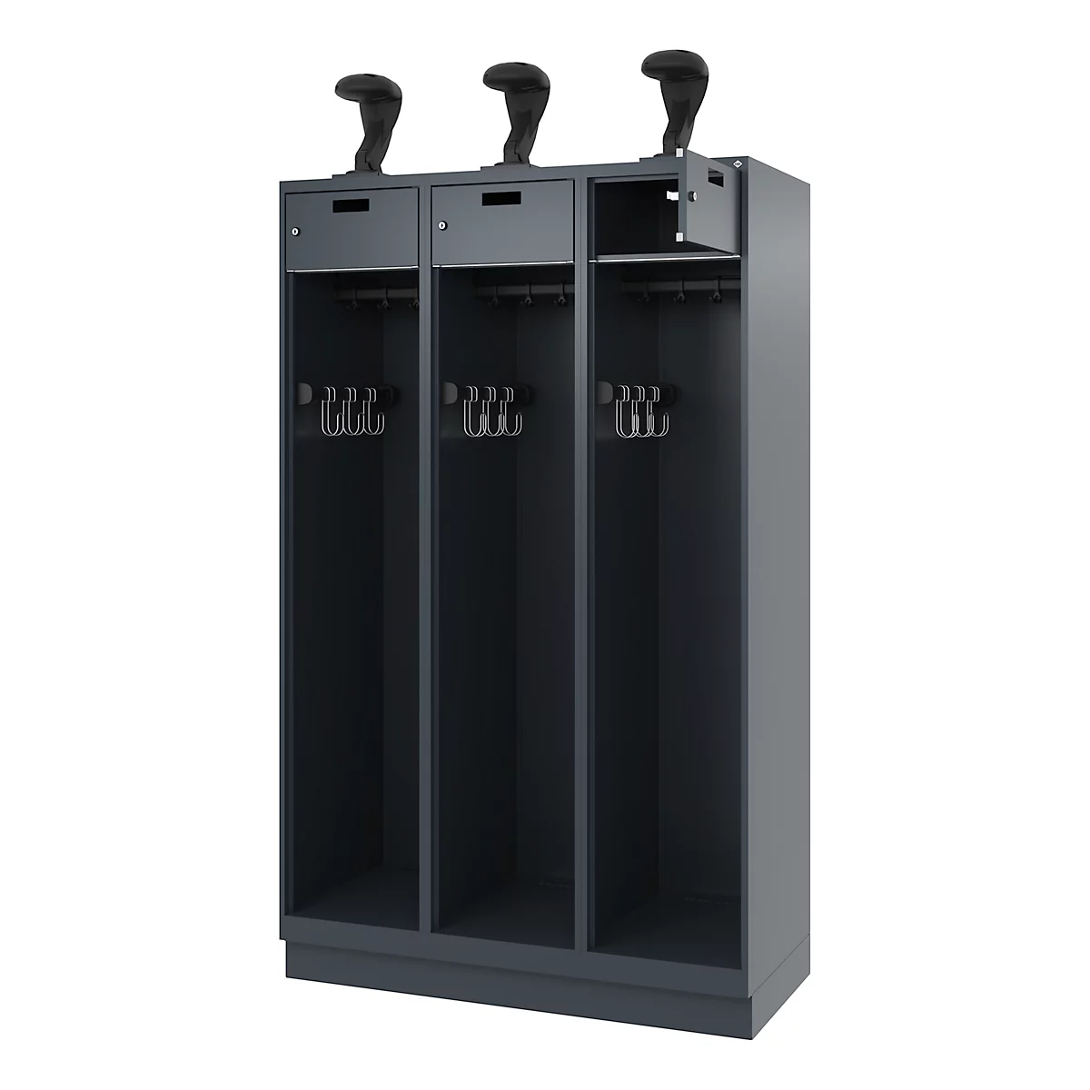 Gray locker with three compartments, three hat racks and coat hooks.