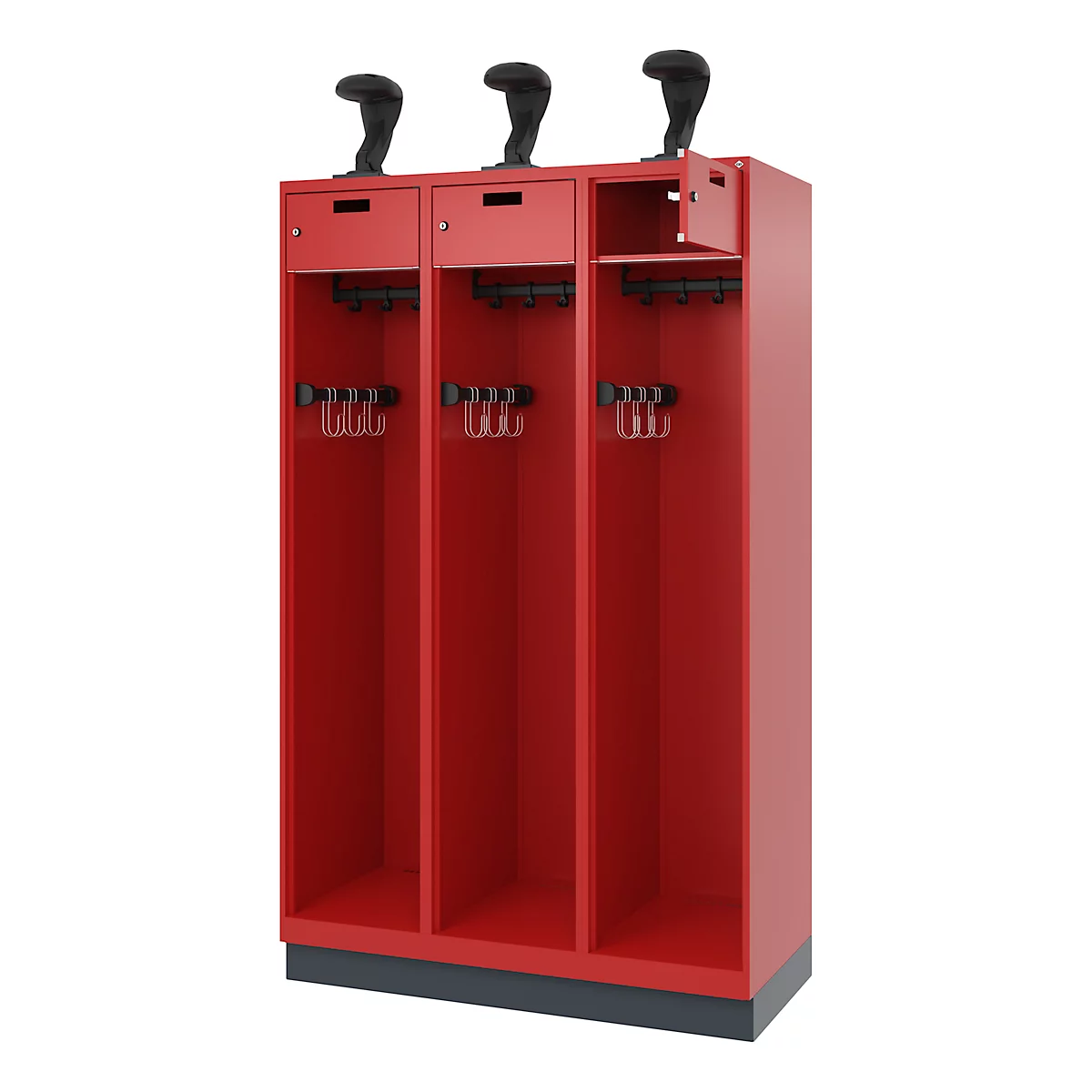 Red locker with three compartments. Black hooks are at the top. Cabinet doors, hooks and shelves.