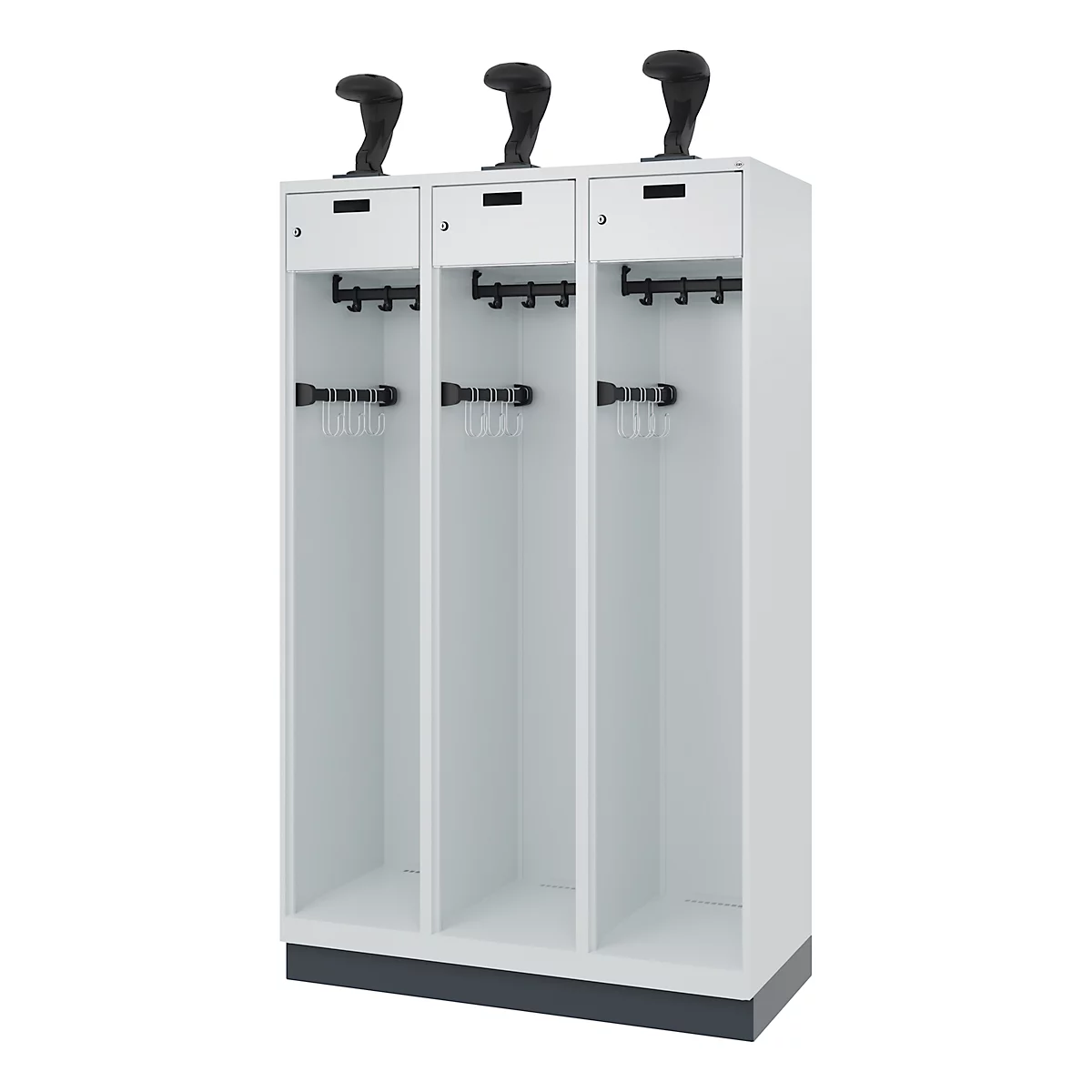 White locker with three compartments, each with a drawer and hooks. Black shoe holders are on top of the compartments.