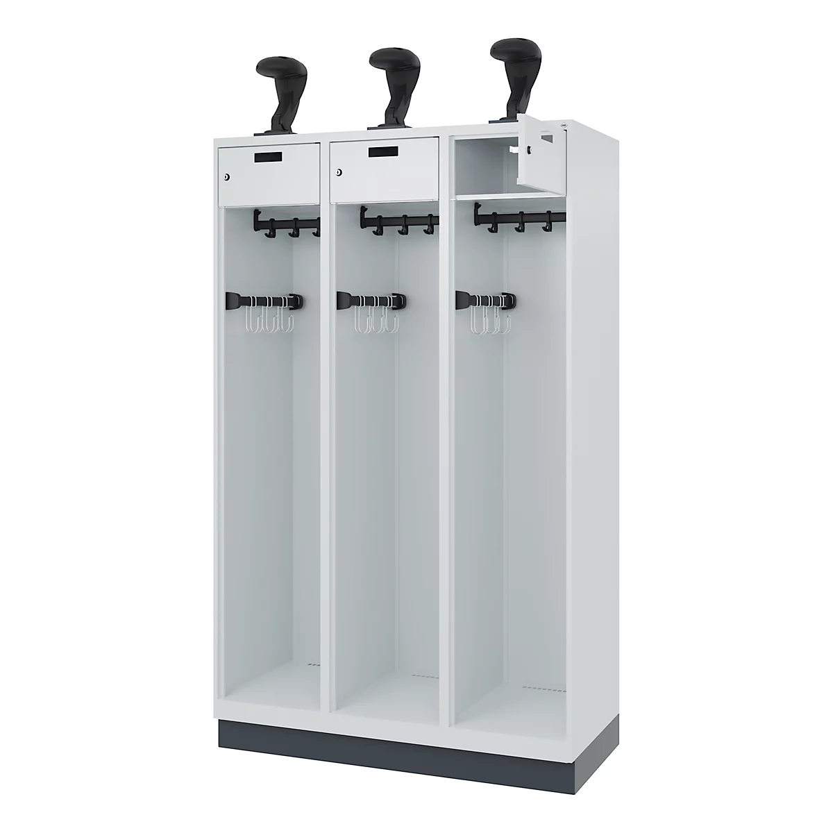 A white cabinet with three compartments and black handles. Above each is a black hook, below it are several coat hooks.