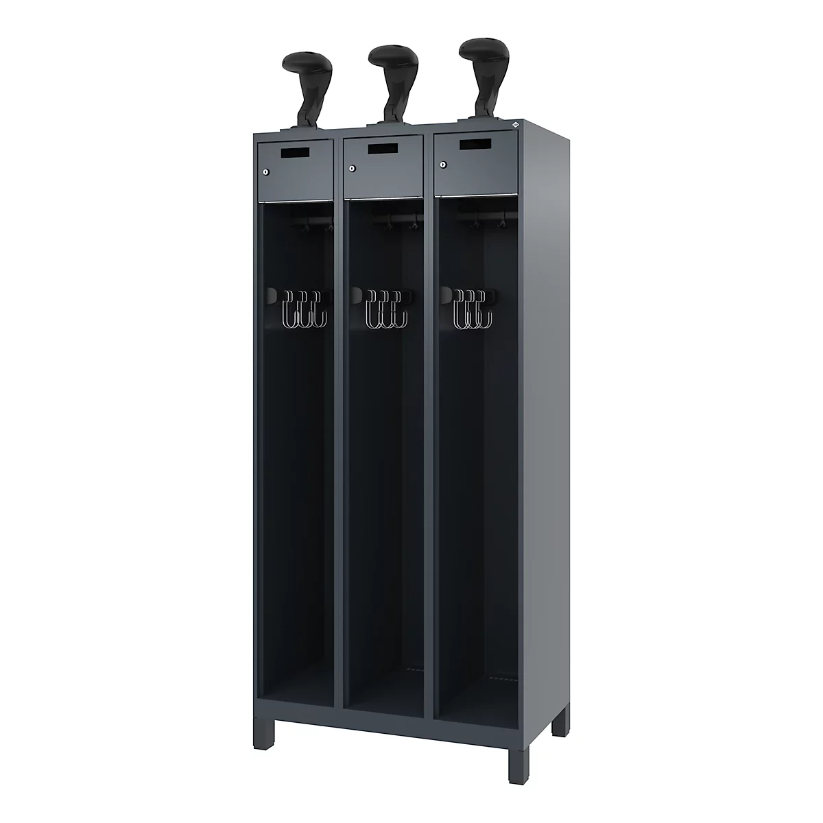 Gray cabinet with three compartments, hook strips and hat racks. Black hats are on the shelves.