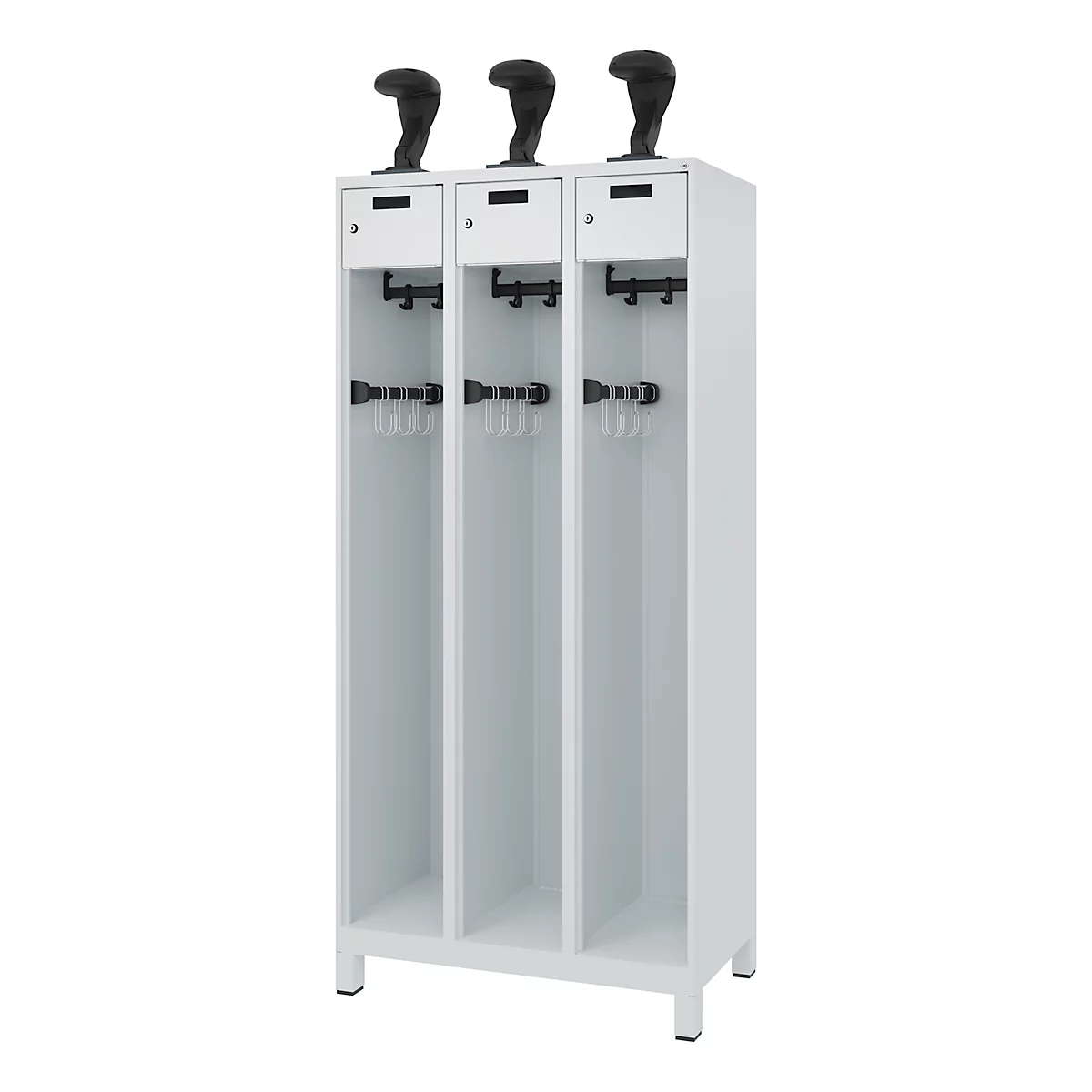 White locker with three compartments. Black knobs sit on top. Each compartment has a small door, hooks and a bar with hangers.