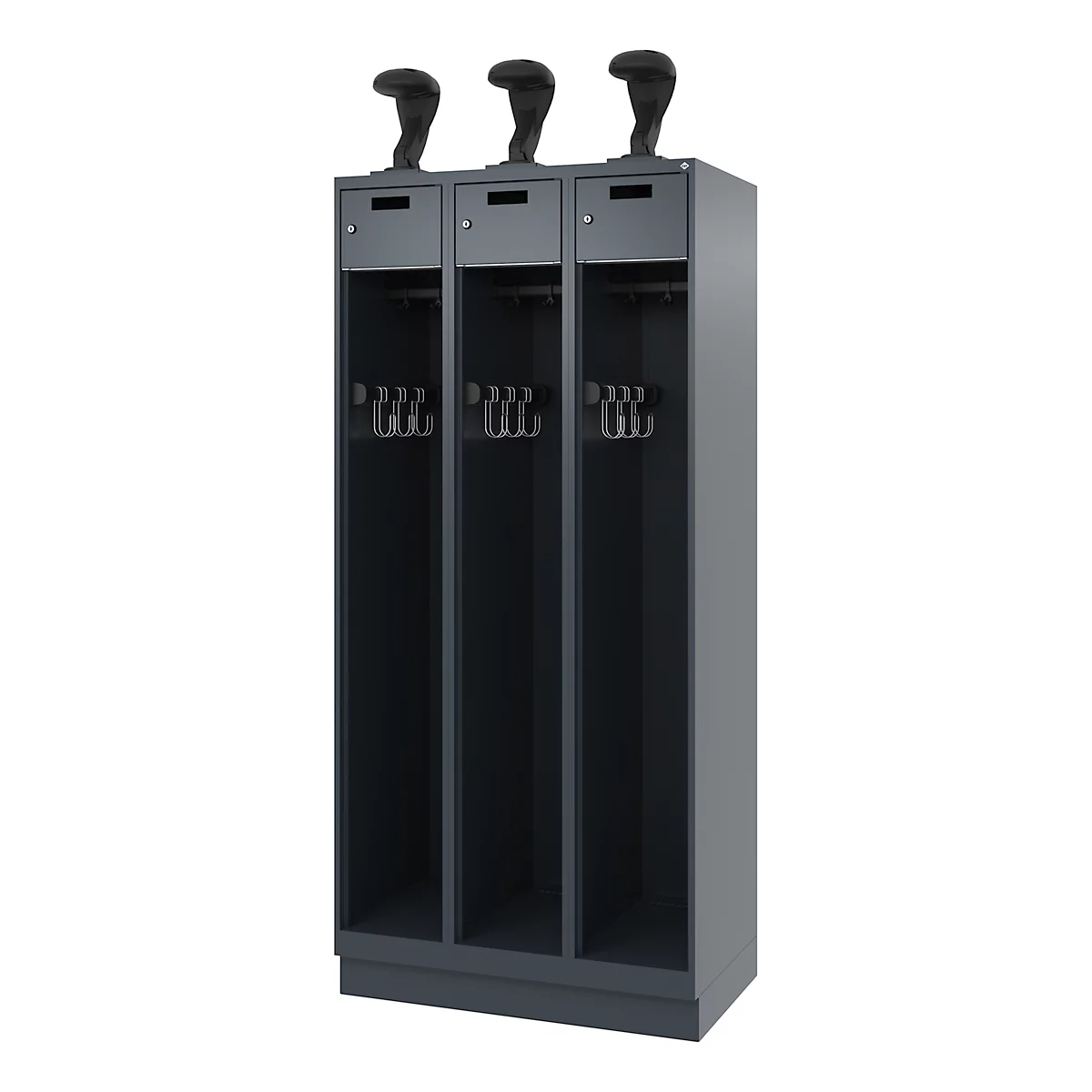 Gray triple divided cabinet with three recesses for golf clubs and hook strips.
