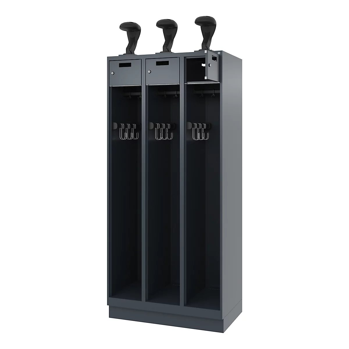 Dark gray locker with three compartments. Golf club holders at the top, hooks for clothes below. One compartment is open.