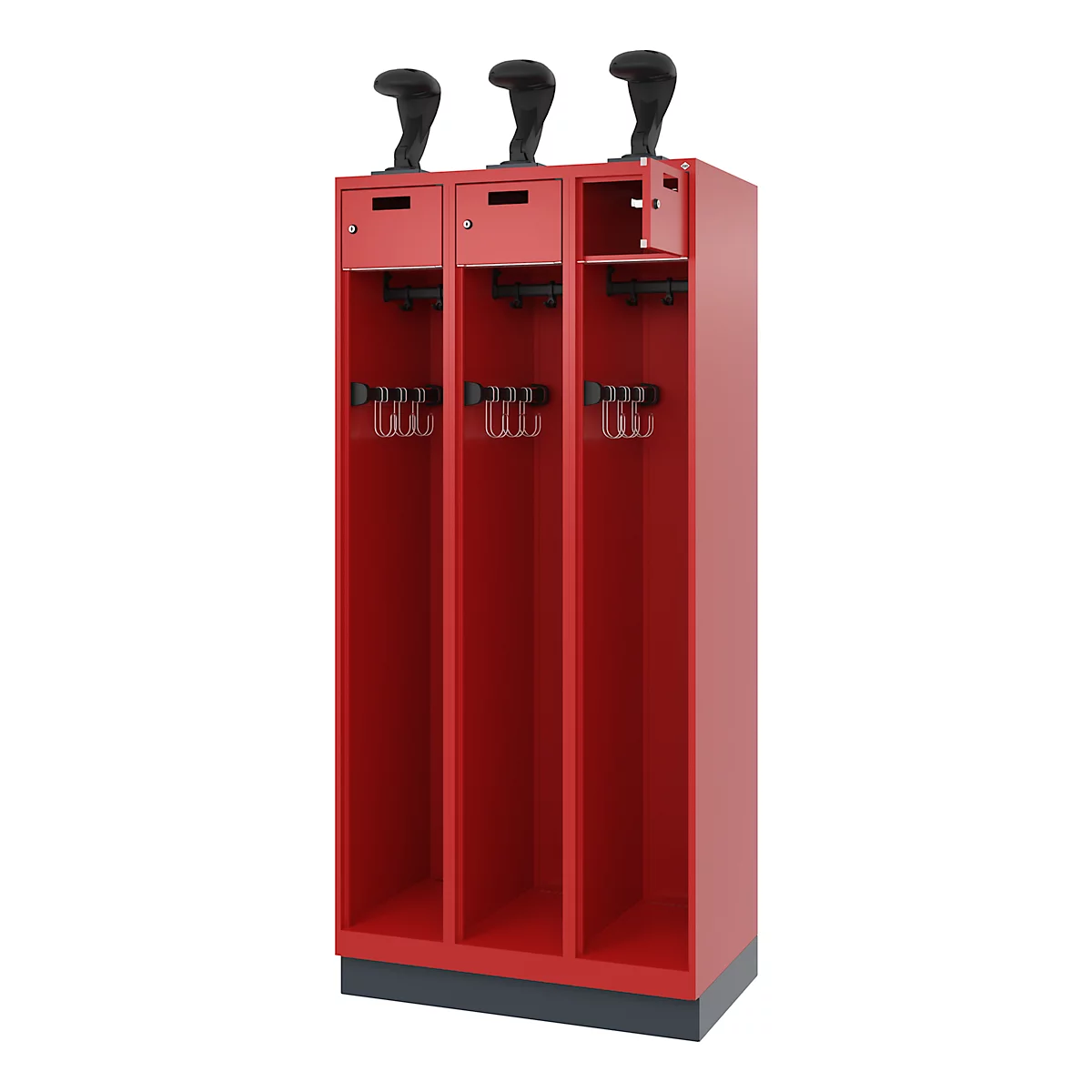 Red locker with three compartments for golf clubs, hooks, and shelves. Black golf club heads on top.