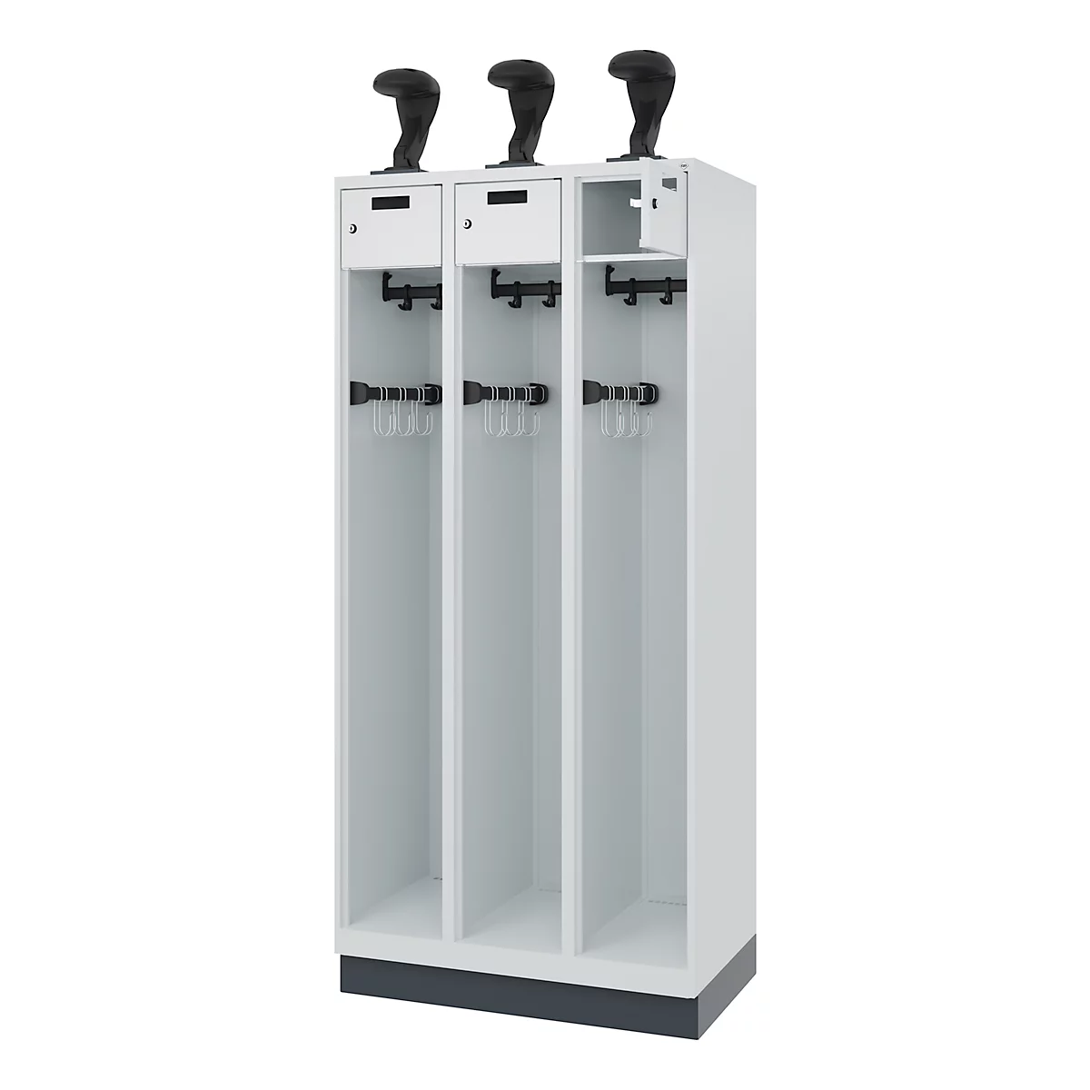 White cabinet with three compartments, each with hooks and storage compartments. At the top are holders for golf clubs.