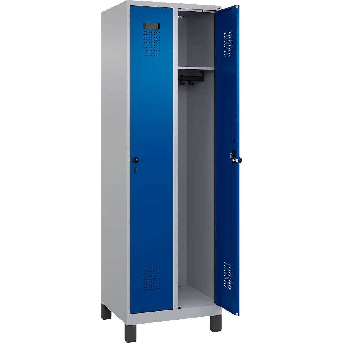 C+P Evolo Plus garderobekast, 2 vakken, 300 mm breed, met voetjes, veiligheidsdraaistang, B 600 x D 500 x H 1950 mm, blank aluminium/ gentiaanblauw