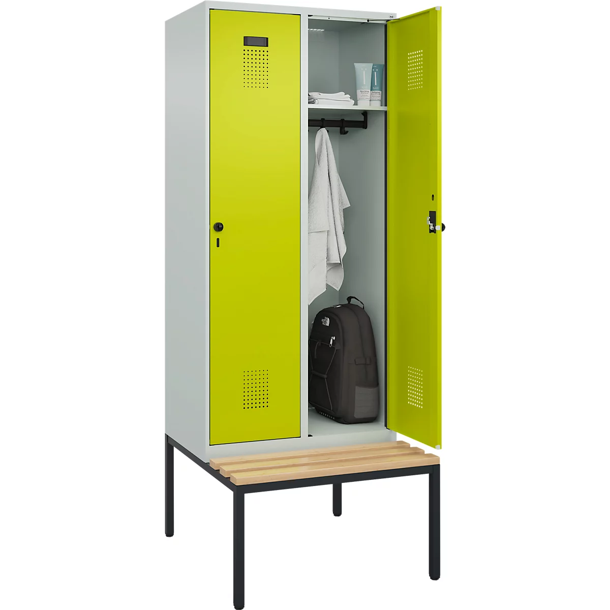 C+P Evolo Plus garderobekast, 2 vakken, 400 mm vakbreedte, met bank eronder, B 800 x D 815 x H 2120 mm, draaischroef, lichtgrijs/kleedgroen