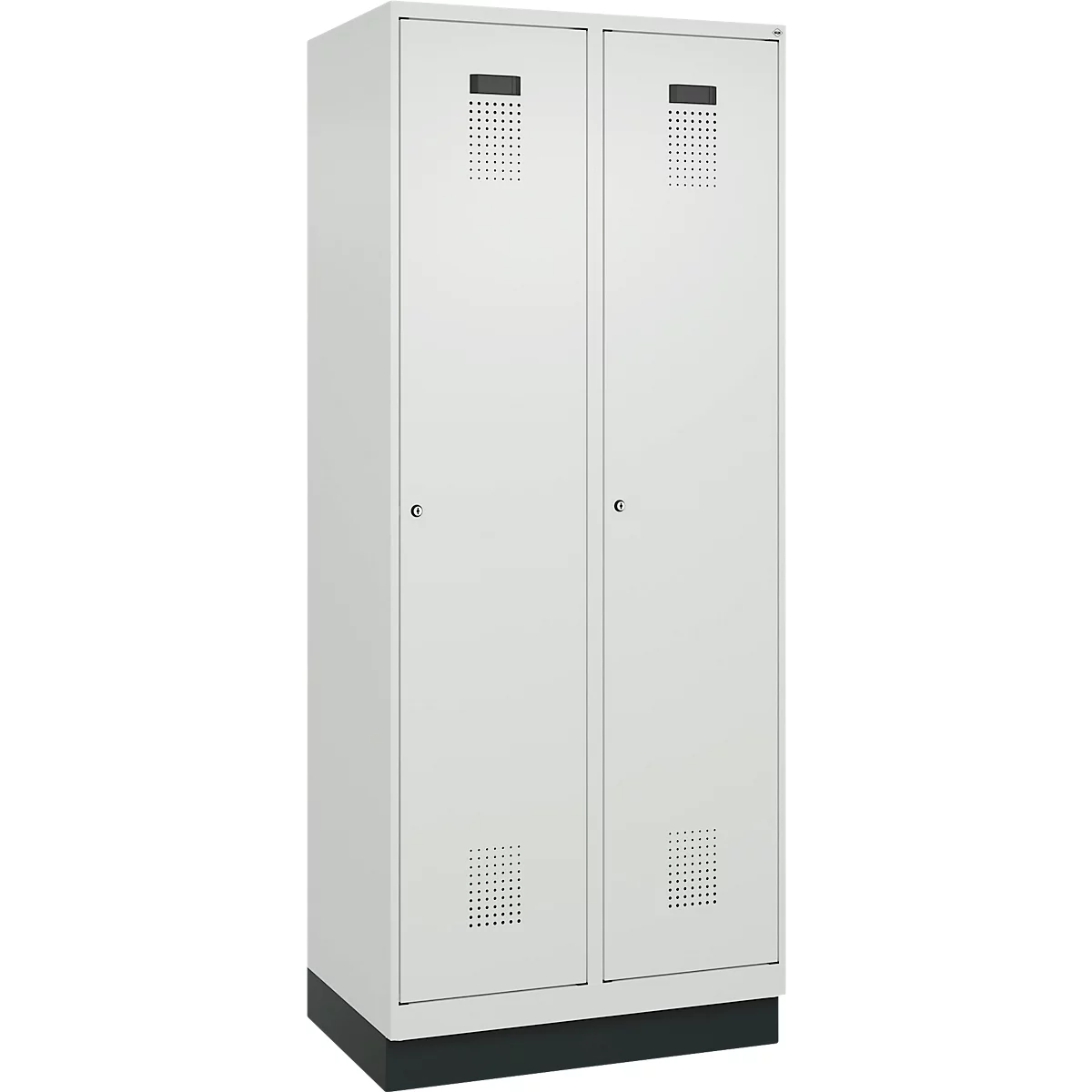 C+P Evolo Plus garderobekast, 2 vakken, 400 mm vakbreedte, met plint, rechts scharnierend, B 800 x D 500 x H 1950 mm, cilinder, lichtgrijs/lichtgrijs