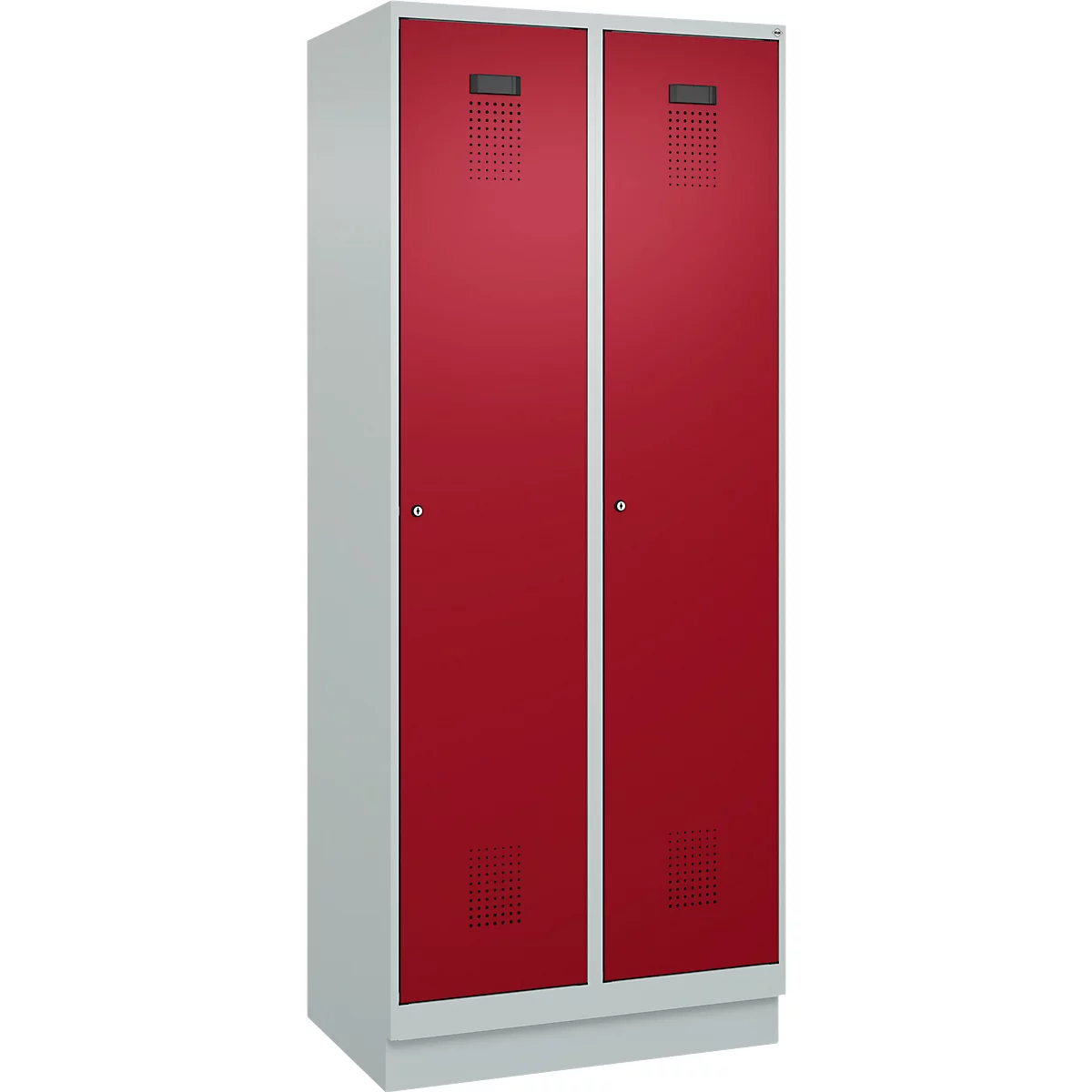 C+P Evolo Plus garderobekast, 2 vakken, 400 mm vakbreedte, met plint, rechts scharnierend, B 800 x D 500 x H 1950 mm, cilinder, lichtgrijs/ruy rood