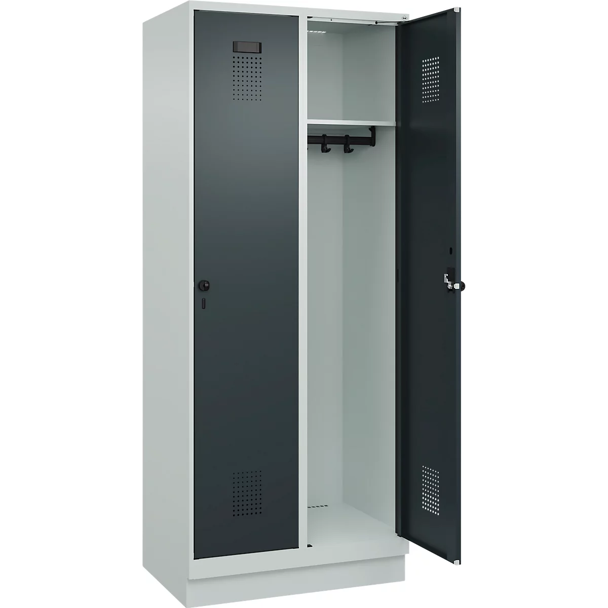 C+P Evolo Plus garderobekast, 2 vakken, 400 mm vakbreedte, met plint, rechts scharnierend, B 800 x D 500 x H 1950 mm, draaischroef, lichtgrijs/antracietgrijs