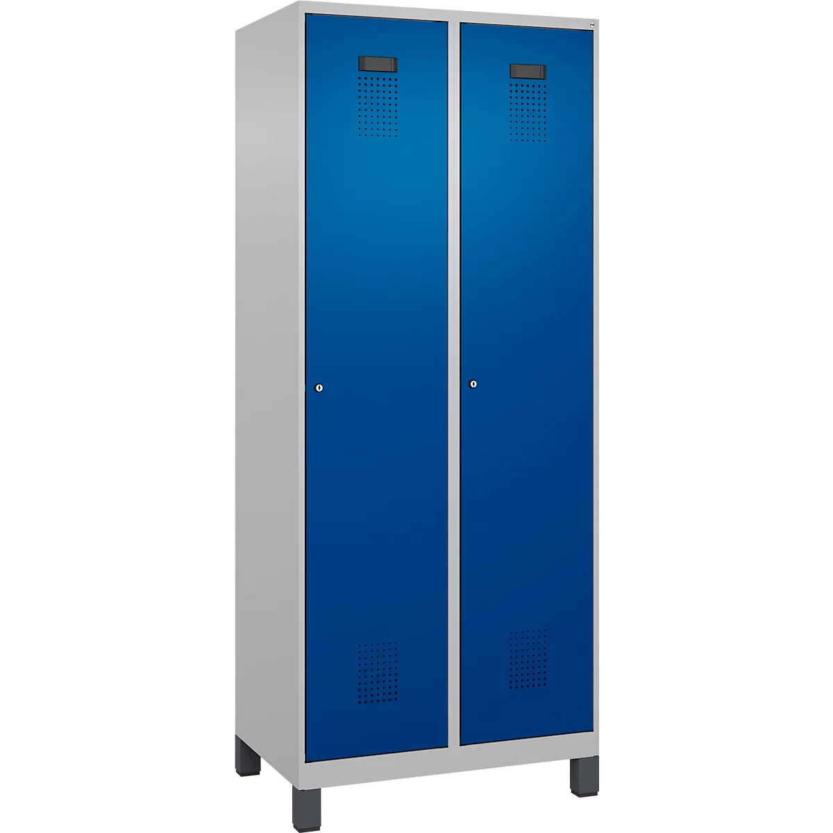 C+P Evolo Plus garderobekast, 2 vakken, 400 mm vakbreedte, met poten, rechts scharnierend, soft-close, inbraakwerend, B 800 x D 500 x H 1950 mm, cilinderslot, alu wit RAL 9006/genziana blauw RAL 5010